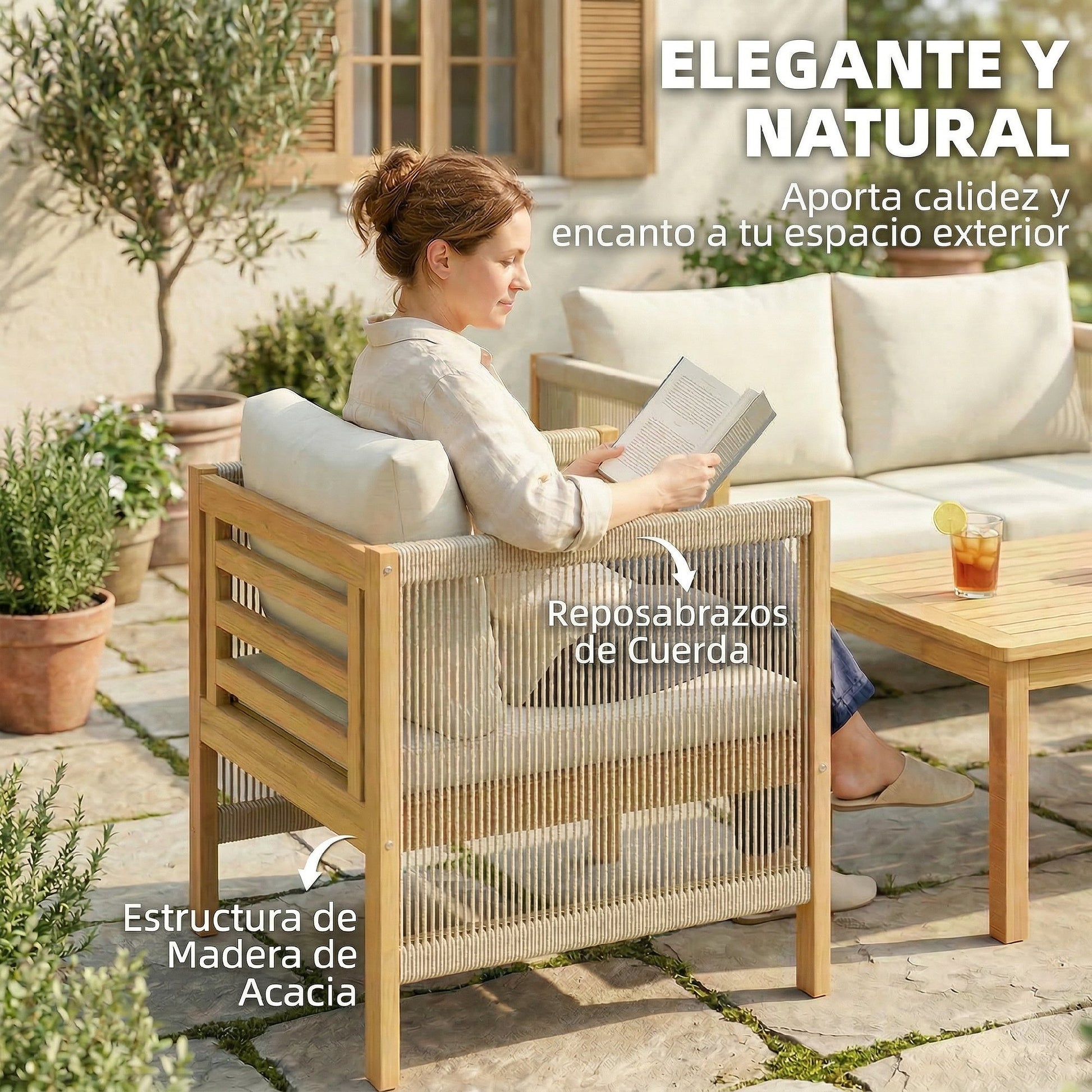 Outsunny Conjunto de Jardín Exterior de 4 Piezas, Muebles Jardín Exterior con Sofá de 2 Plazas, 2 Sillones, Mesa de Madera de Acacia, Cojines Acolchados y Decoración de Cuerda PP, para Terraza, Beige