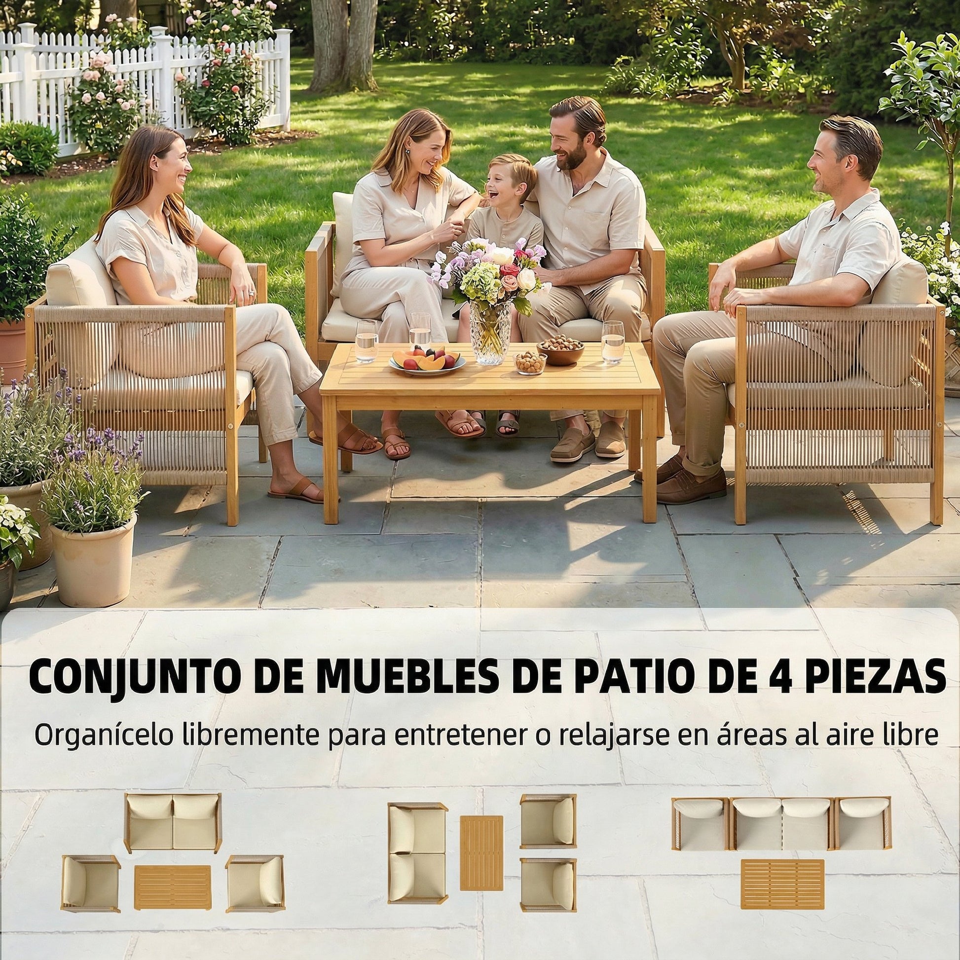 Outsunny Conjunto de Jardín Exterior de 4 Piezas, Muebles Jardín Exterior con Sofá de 2 Plazas, 2 Sillones, Mesa de Madera de Acacia, Cojines Acolchados y Decoración de Cuerda PP, para Terraza, Beige