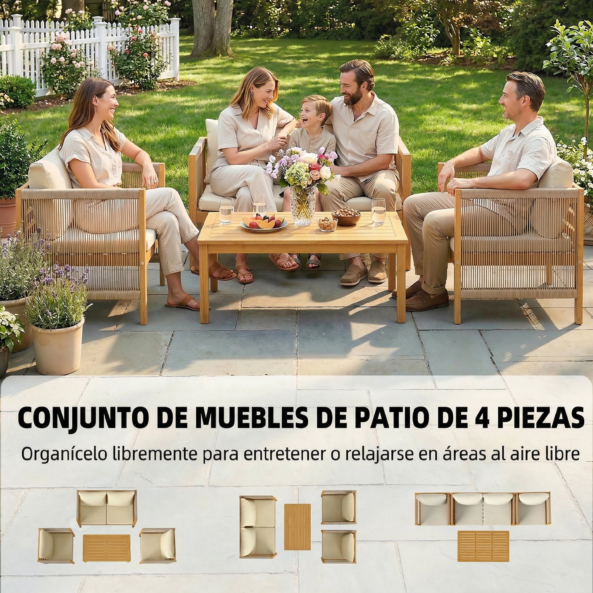 Outsunny Conjunto de Jardín Exterior de 4 Piezas, Muebles Jardín Exterior con Sofá de 2 Plazas, 2 Sillones, Mesa de Madera de Acacia, Cojines Acolchados y Decoración de Cuerda PP, para Terraza, Beige