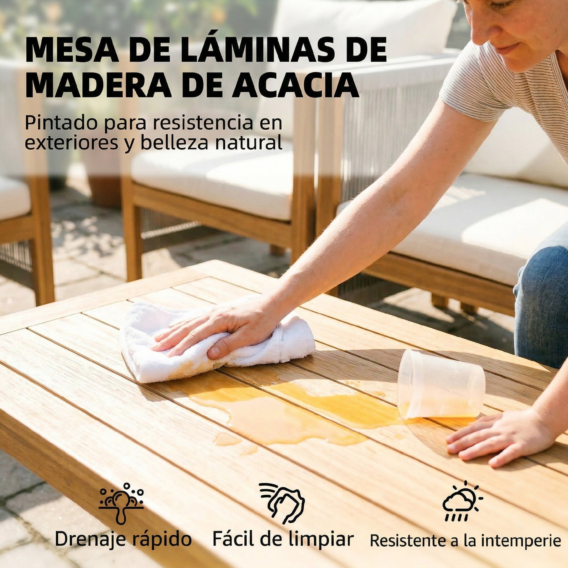 Outsunny Conjunto de Jardín Exterior de 4 Piezas, Muebles Jardín Exterior con Sofá de 2 Plazas, 2 Sillones, Mesa de Madera de Acacia, Cojines Acolchados y Decoración de Cuerda PP, para Terraza, Beige