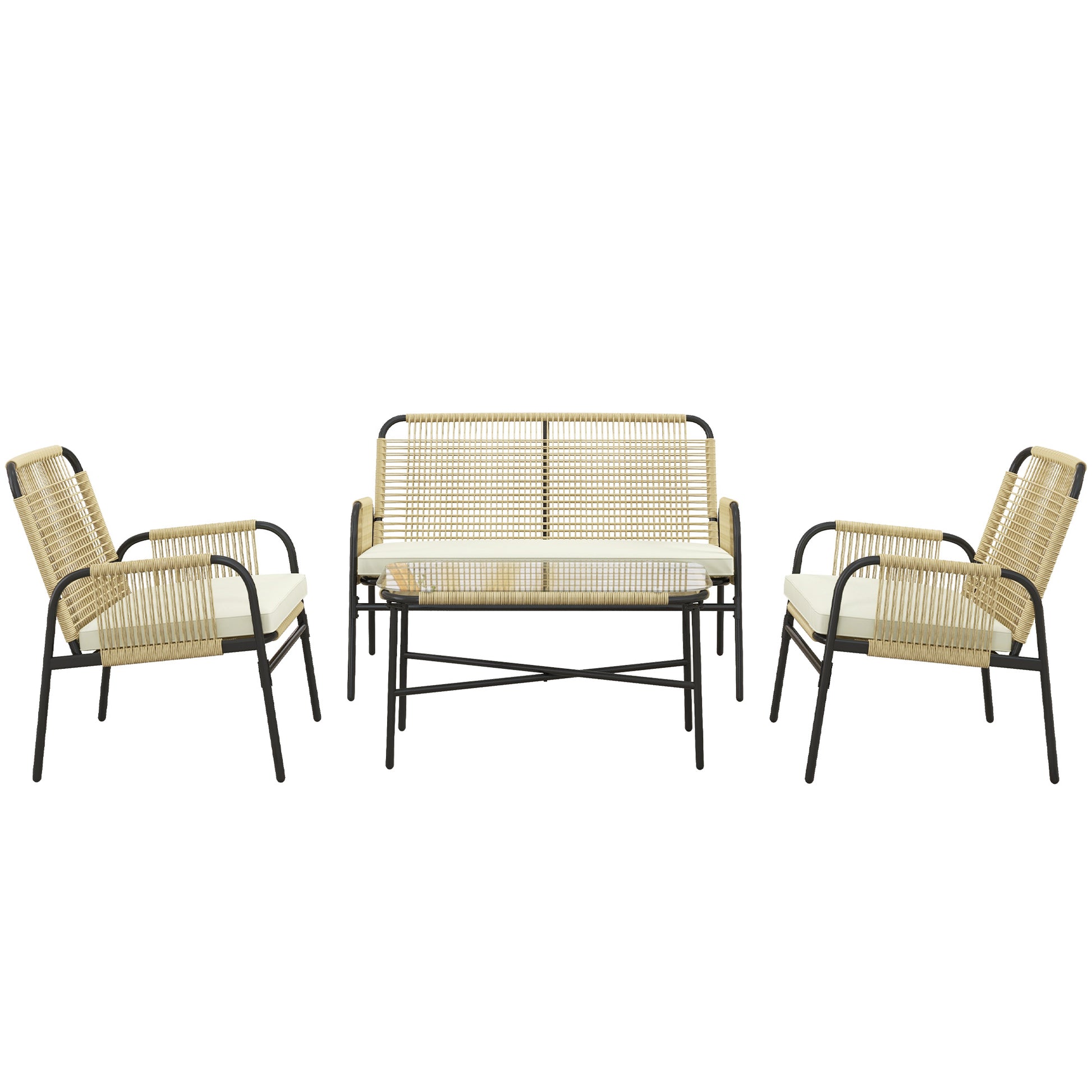 Outsunny Conjunto de Jardín de Ratán Sintético Juego de 4 Piezas Muebles de Jardín con 2 Sillones 1 Sofá Doble 1 Mesa de Centro con Tablero de Vidrio y Cojines para Exterior Natural y Negro