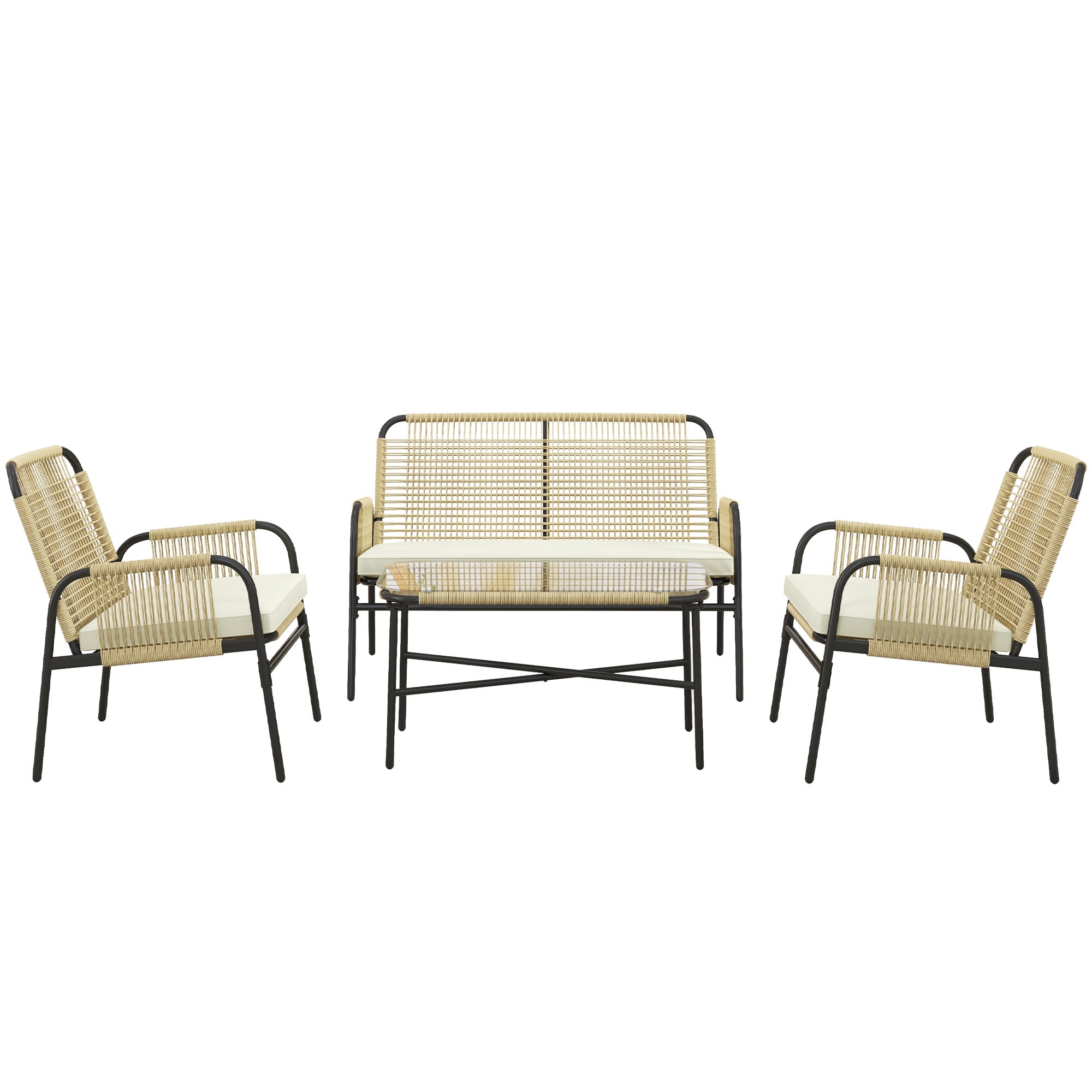 Outsunny Conjunto de Jardín de Ratán Sintético Juego de 4 Piezas Muebles de Jardín con 2 Sillones 1 Sofá Doble 1 Mesa de Centro con Tablero de Vidrio y Cojines para Exterior Natural y Negro