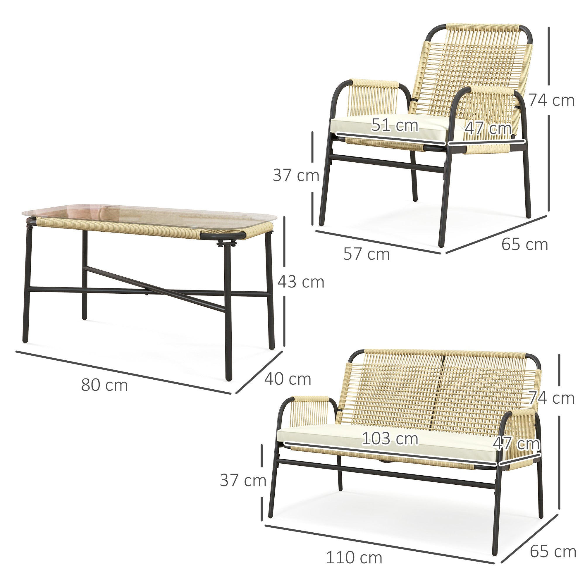 Outsunny Conjunto de Jardín de Ratán Sintético Juego de 4 Piezas Muebles de Jardín con 2 Sillones 1 Sofá Doble 1 Mesa de Centro con Tablero de Vidrio y Cojines para Exterior Natural y Negro