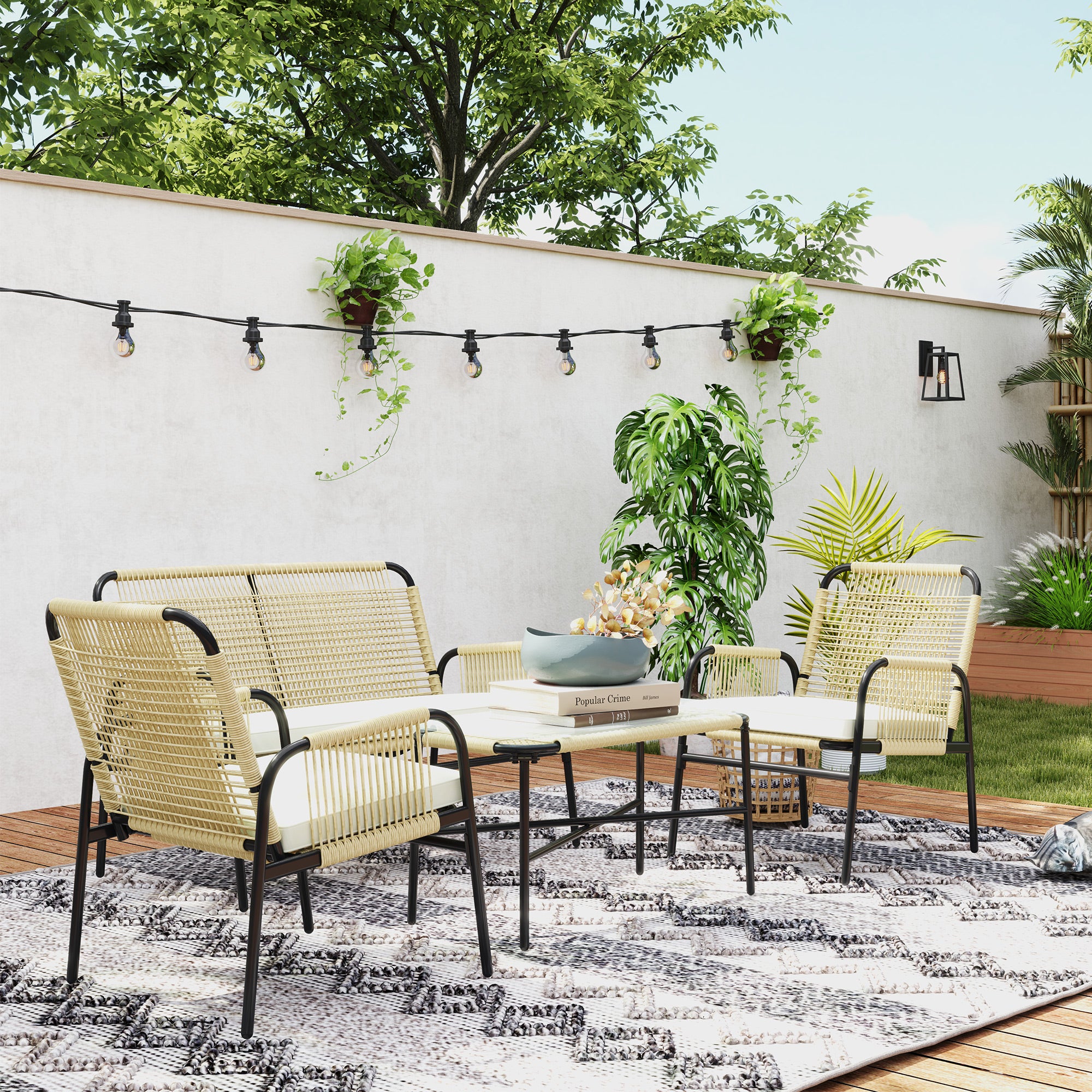 Outsunny Conjunto de Jardín de Ratán Sintético Juego de 4 Piezas Muebles de Jardín con 2 Sillones 1 Sofá Doble 1 Mesa de Centro con Tablero de Vidrio y Cojines para Exterior Natural y Negro
