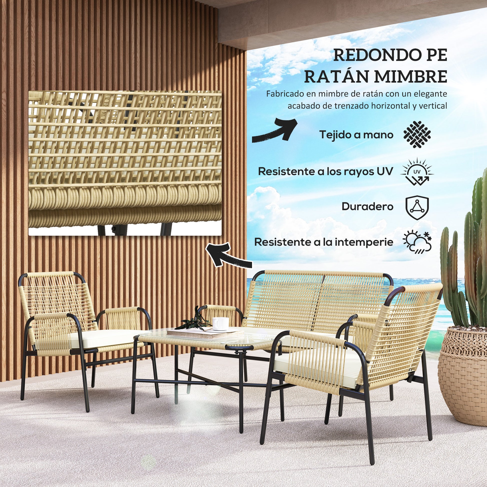 Outsunny Conjunto de Jardín de Ratán Sintético Juego de 4 Piezas Muebles de Jardín con 2 Sillones 1 Sofá Doble 1 Mesa de Centro con Tablero de Vidrio y Cojines para Exterior Natural y Negro