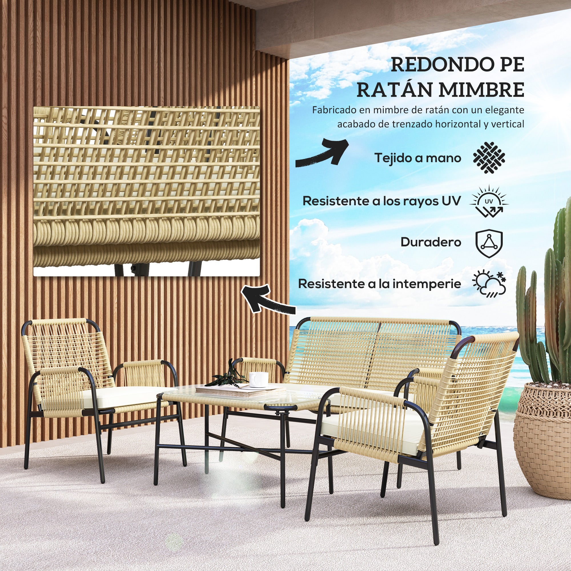 Outsunny Conjunto de Jardín de Ratán Sintético Juego de 4 Piezas Muebles de Jardín con 2 Sillones 1 Sofá Doble 1 Mesa de Centro con Tablero de Vidrio y Cojines para Exterior Natural y Negro