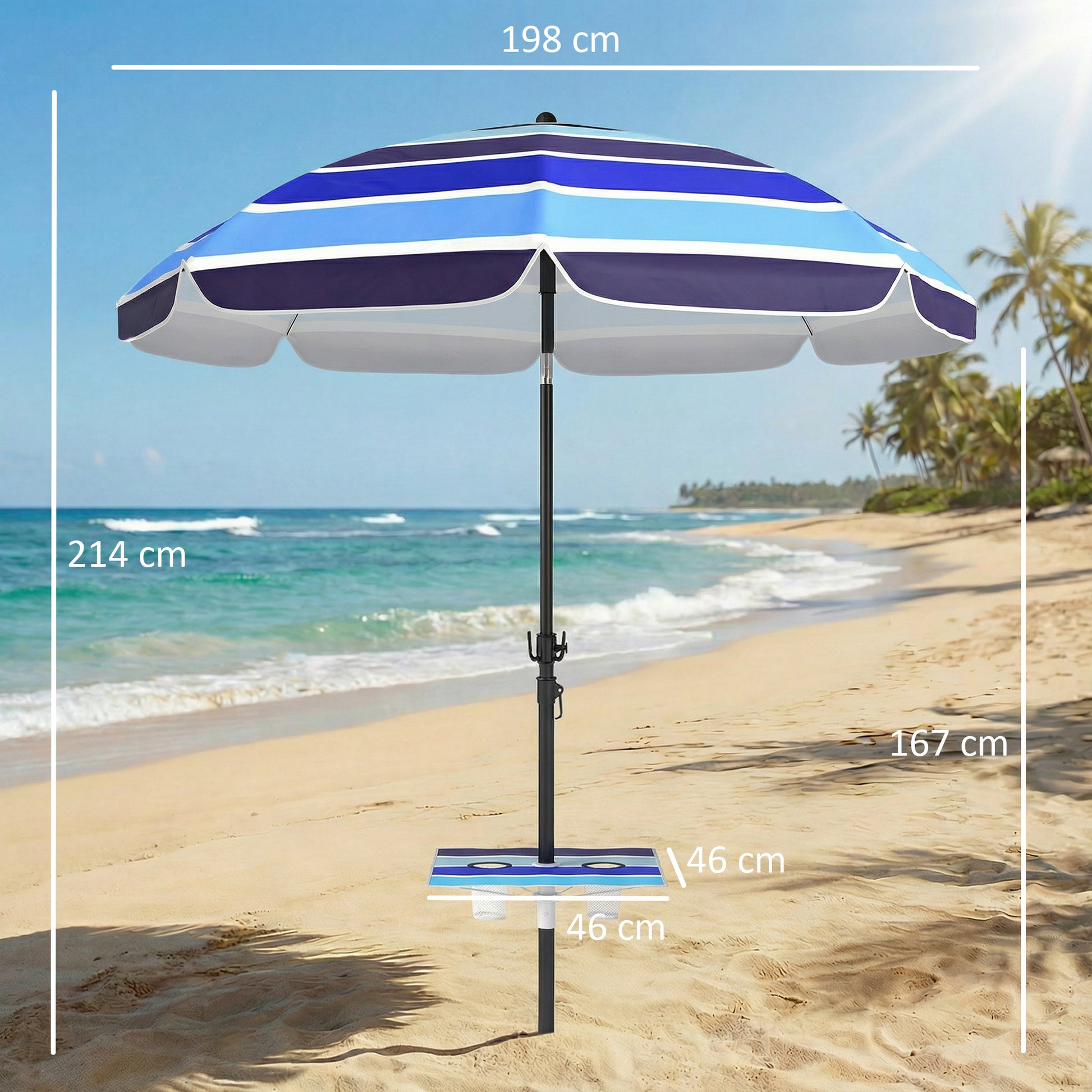 Outsunny Sombrilla de Playa con Mesa Plegable y Portavasos Ø198 cm, Sombrilla de Terraza Exterior con Altura Ajustable, Inclinación, Bolsa de Transporte y Gancho, UV30+, Multicolor