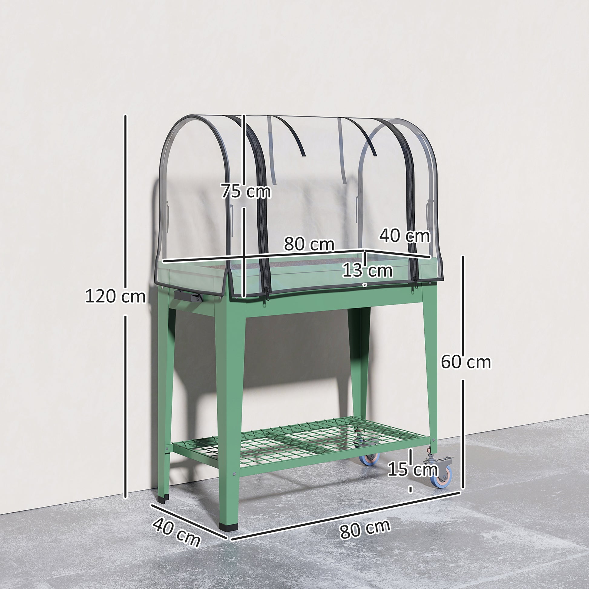 Outsunny Huerto Urbano Elevado con Ruedas, Mesa de Cultivo con Cubierta PVC de Invernadero y Estante Inferior para Cultivo, Plantas, Flores y Verduras, 80x40x120 cm, Verde