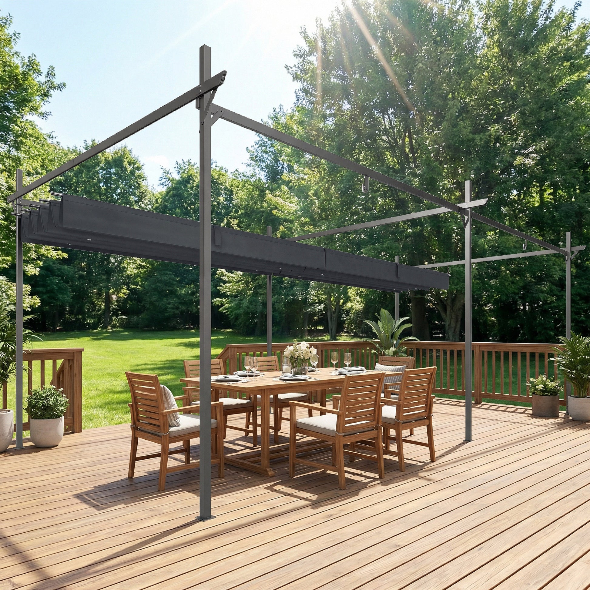 Outsunny Pérgola de Jardín 6x3 m con Techo Retráctil, Cenador de Jardín con UPF30+, Estructura Metálica, Tela de Poliéster, Pabellón para Exterior, Terraza, Gris Oscuro
