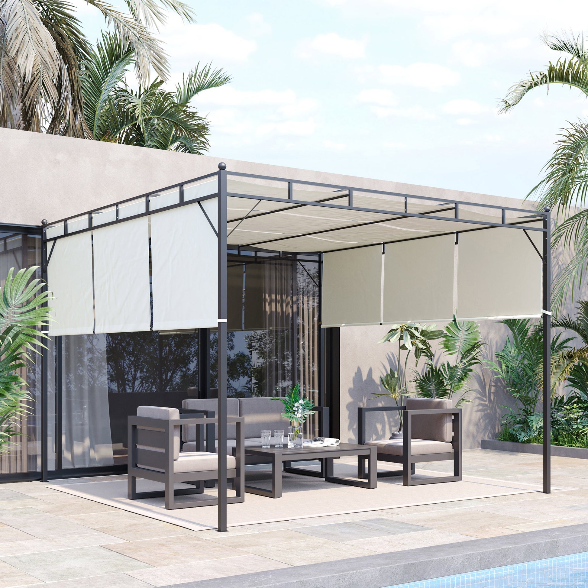 Outsunny Pérgola 3x3 m Cenador de Jardín con Techo Retráctil Tela de Poliéster y Tubo de Acero para Patio Terraza Exterior Blanco