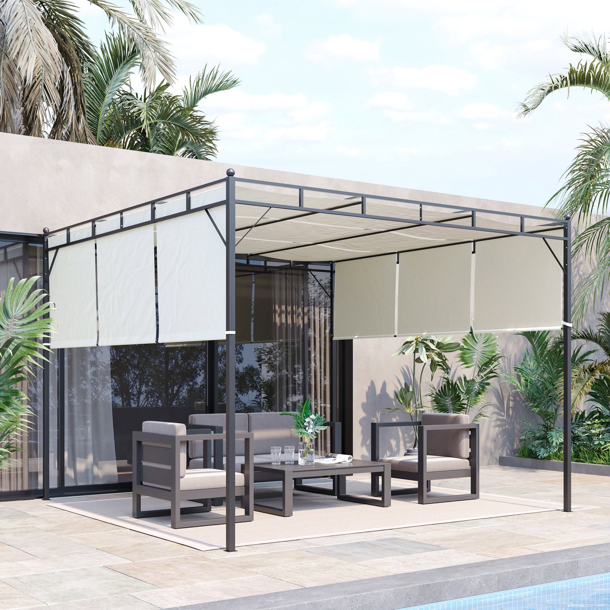 Outsunny Pérgola 3x3 m Cenador de Jardín con Techo Retráctil Tela de Poliéster y Tubo de Acero para Patio Terraza Exterior Blanco