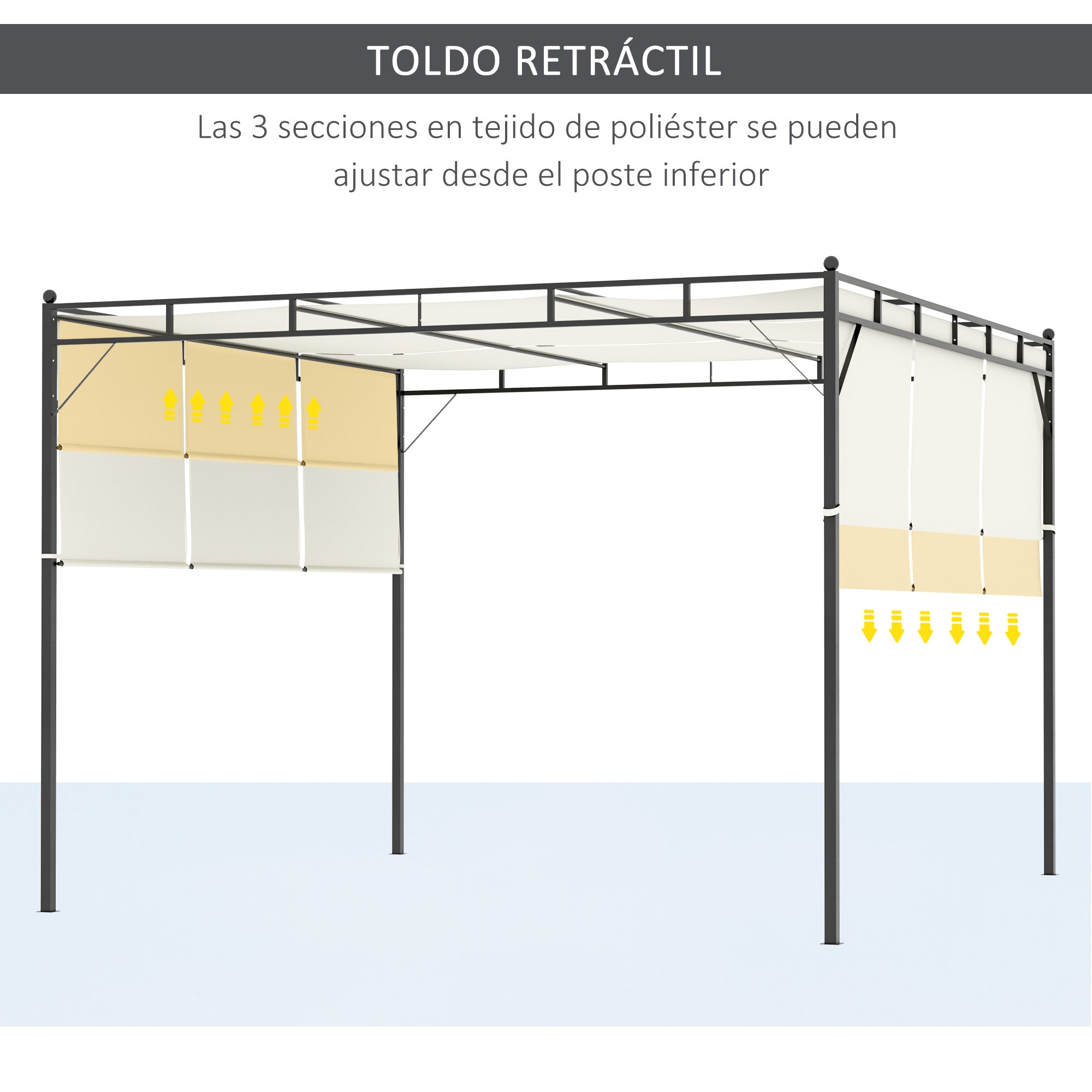 Outsunny Pérgola 3x3 m Cenador de Jardín con Techo Retráctil Tela de Poliéster y Tubo de Acero para Patio Terraza Exterior Blanco