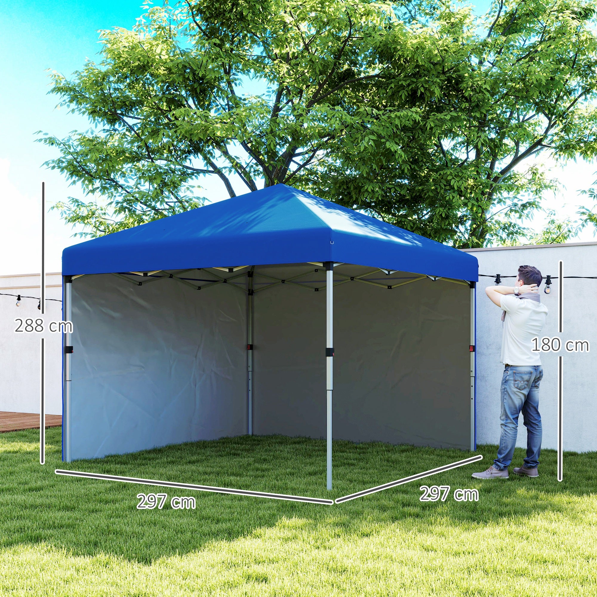 Outsunny Carpa Plegable Pop-up Gazebo 3x3 m Cenador Plegable con 2 Paredes Laterales Anti-UV Altura Ajustable en 3 Niveles Sacos de Arena y Bolsa de Transporte con Ruedas para Camping Fiestas Azul