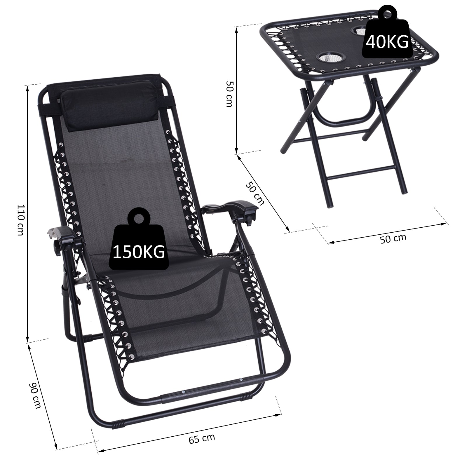 Outsunny Set de 2 Sillas de Gravedad Cero Plegables 90x65x110 cm y Mesa Auxiliar 50x50x50 cm con 2 Portavasos Sillas Reclinables con Reposacabezas para Jardín Terraza Negro