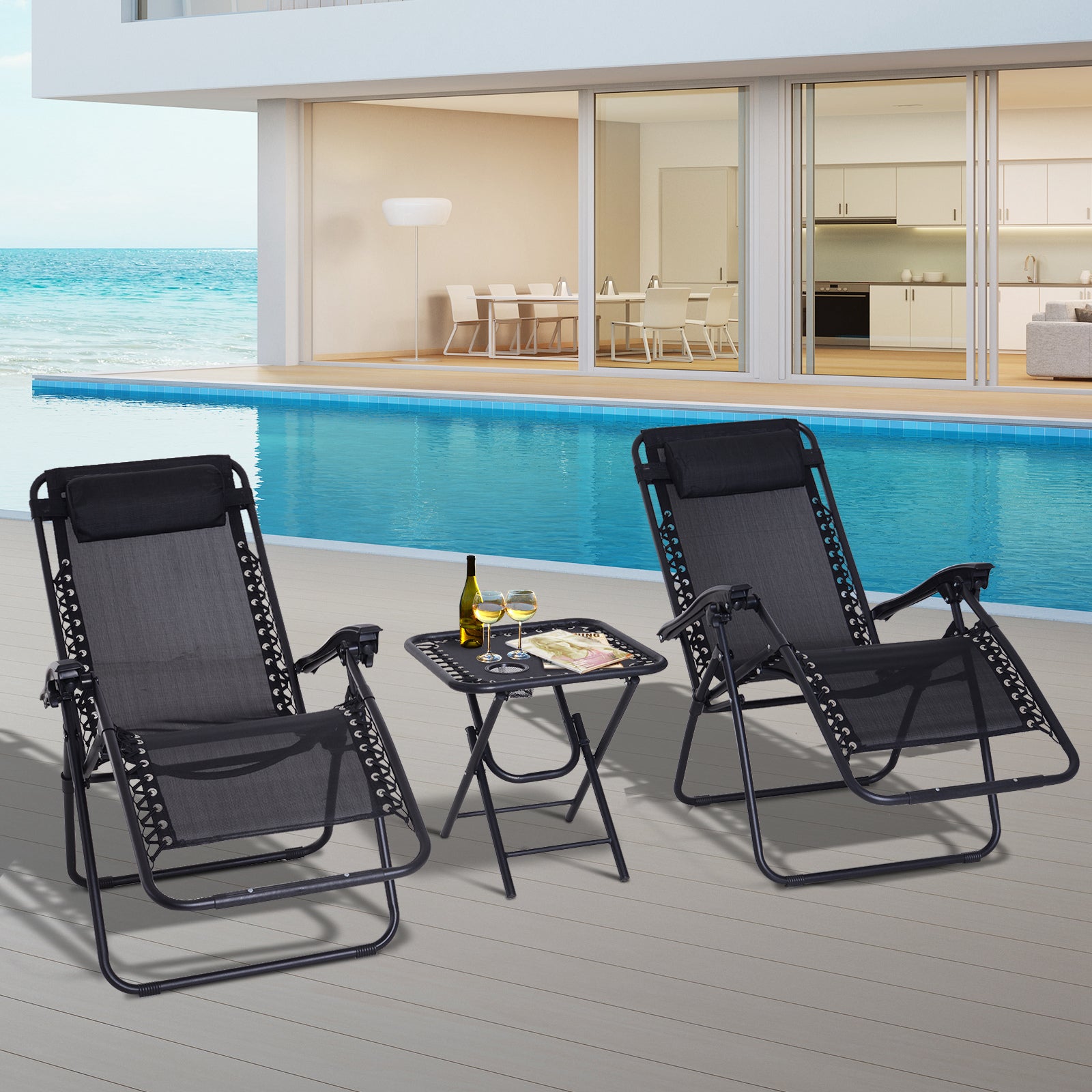 Outsunny Set de 2 Sillas de Gravedad Cero Plegables 90x65x110 cm y Mesa Auxiliar 50x50x50 cm con 2 Portavasos Sillas Reclinables con Reposacabezas para Jardín Terraza Negro