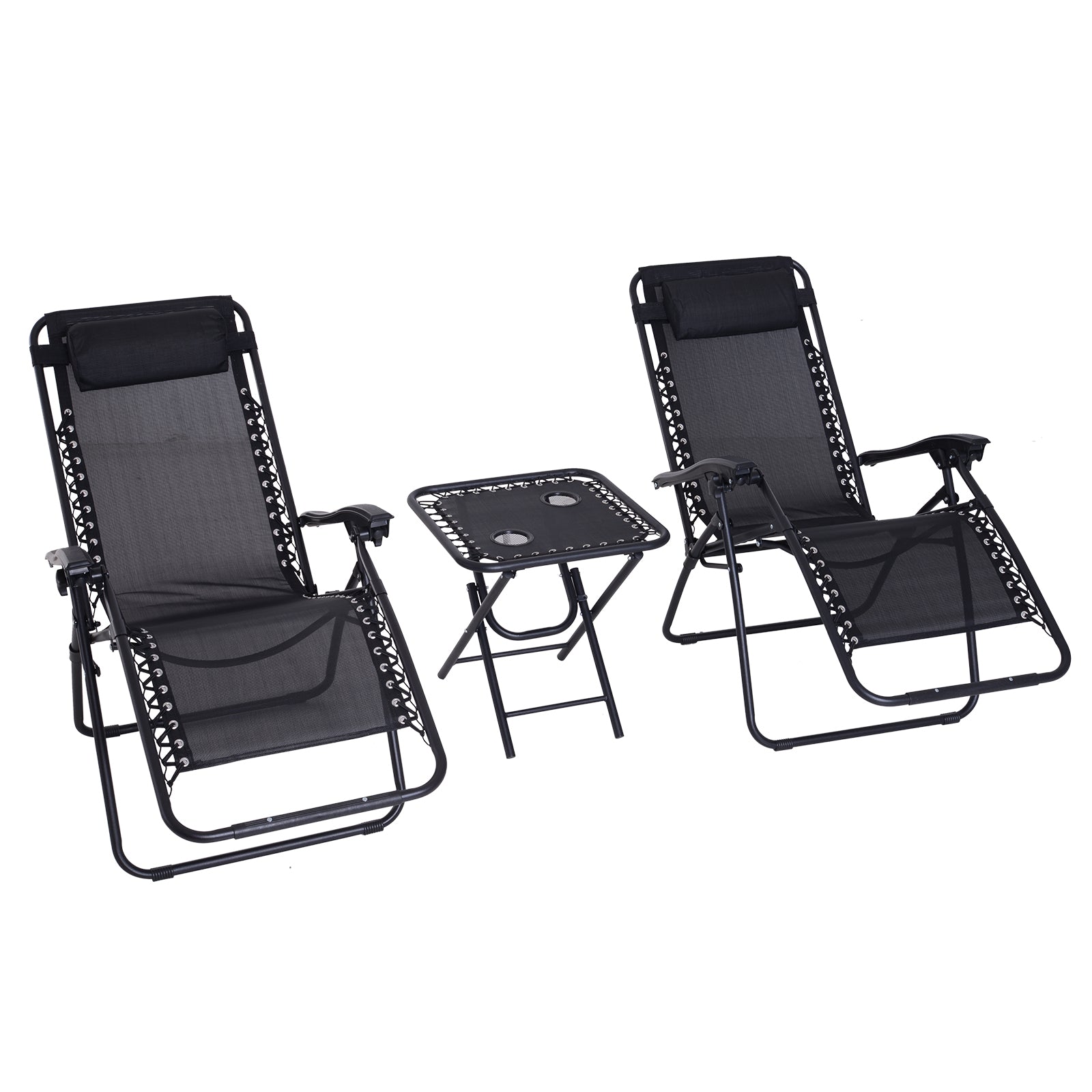 Outsunny Set de 2 Sillas de Gravedad Cero Plegables 90x65x110 cm y Mesa Auxiliar 50x50x50 cm con 2 Portavasos Sillas Reclinables con Reposacabezas para Jardín Terraza Negro