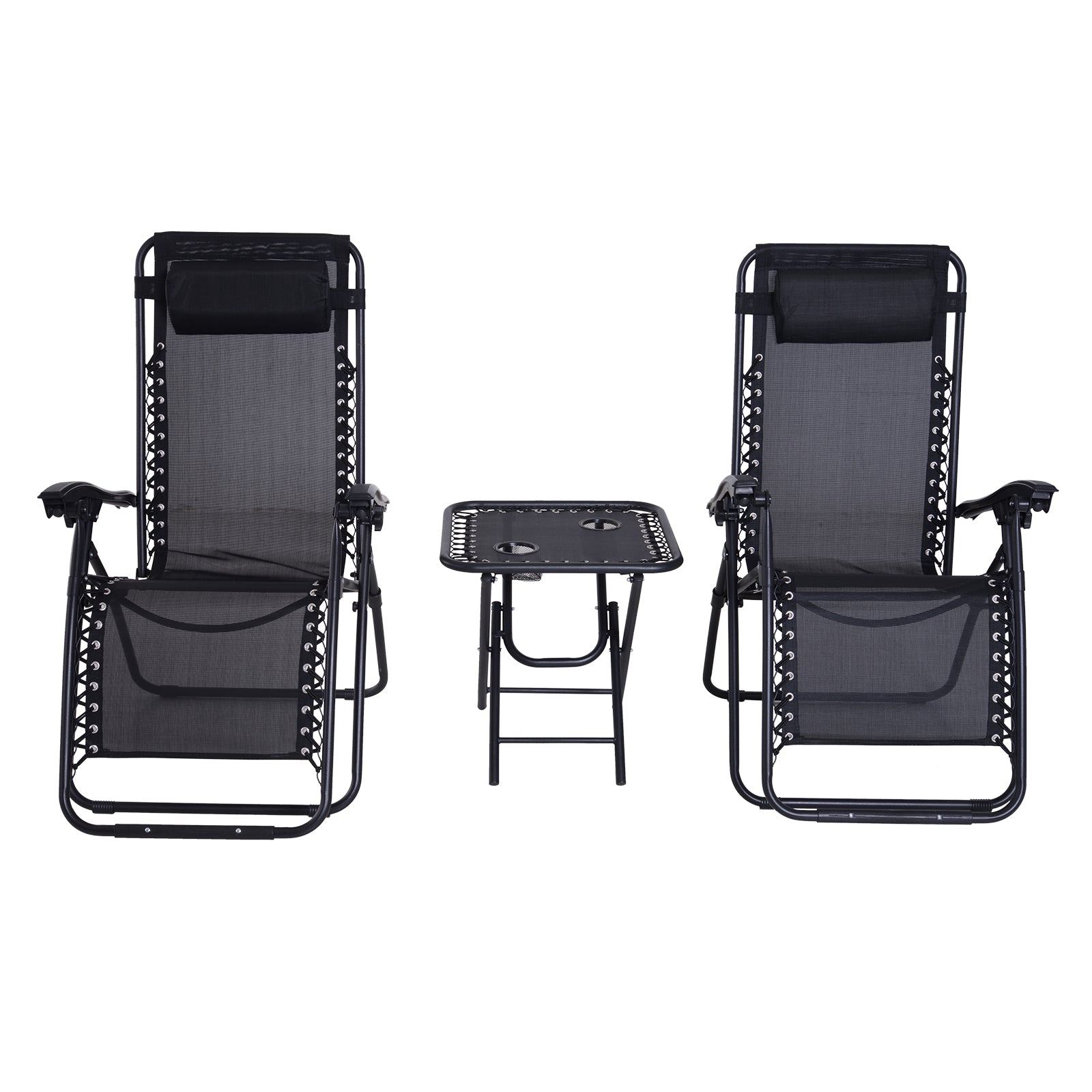 Outsunny Set de 2 Sillas de Gravedad Cero Plegables 90x65x110 cm y Mesa Auxiliar 50x50x50 cm con 2 Portavasos Sillas Reclinables con Reposacabezas para Jardín Terraza Negro