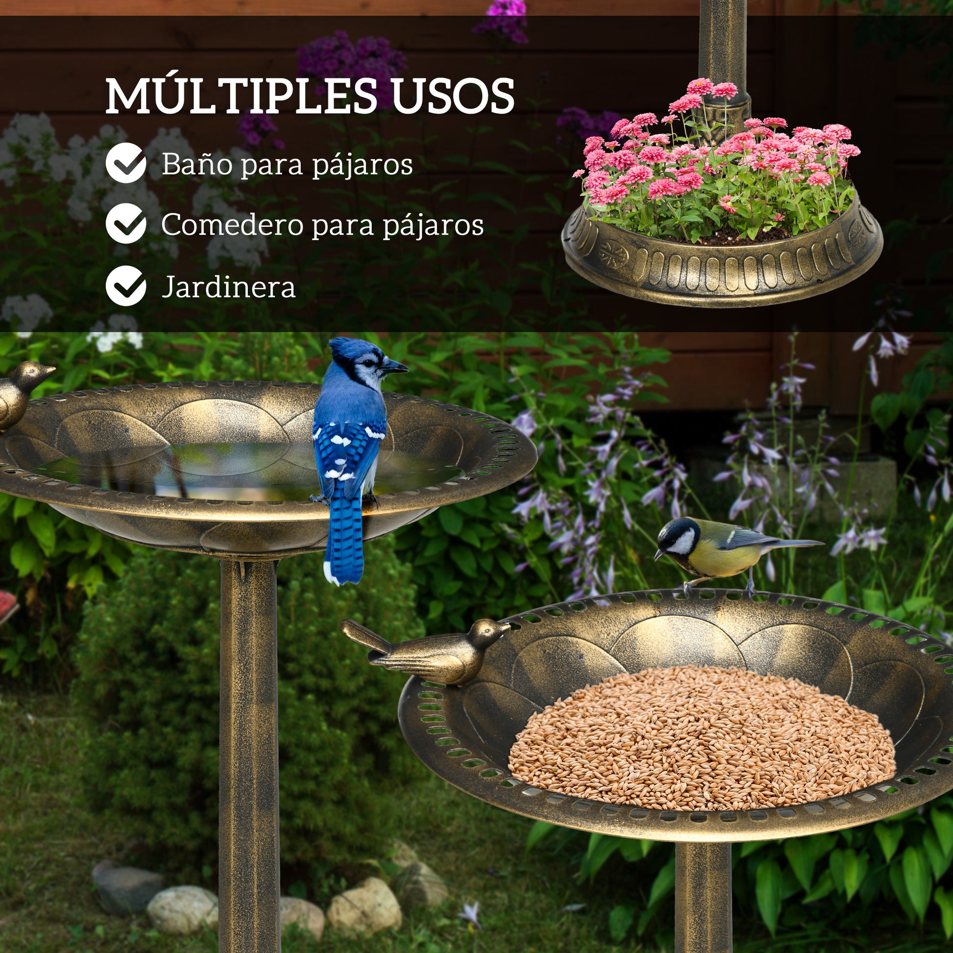 Outsunny Baño para Pájaros de Jardín Exterior Altura 72 cm Comedero para Pájaros con 2 Niveles Recipientes Diseño Retro y Elegante Bebedero para Pájaros para Aire Libre Bronce