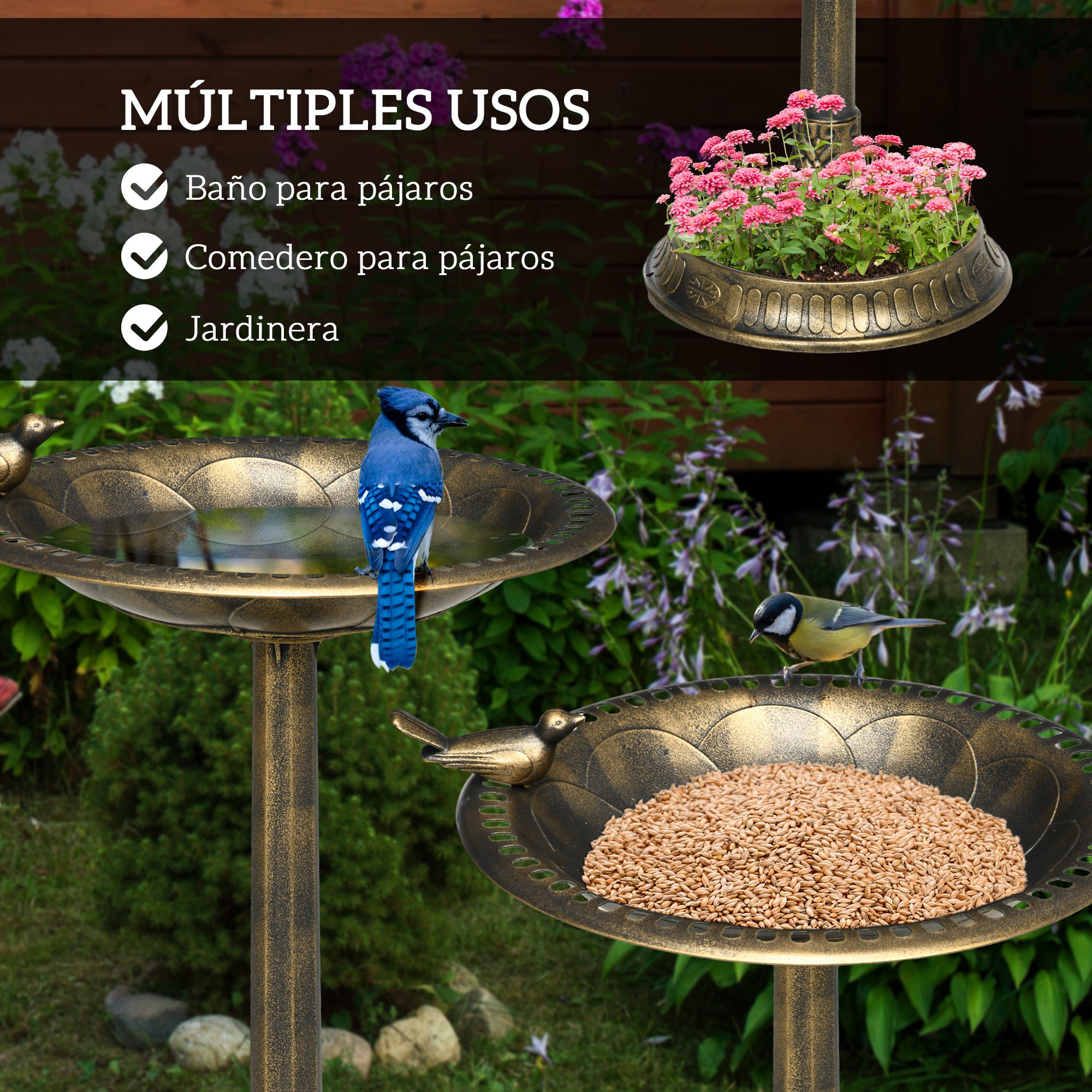 Outsunny Baño para Pájaros de Jardín Exterior Altura 72 cm Comedero para Pájaros con 2 Niveles Recipientes Diseño Retro y Elegante Bebedero para Pájaros para Aire Libre Bronce