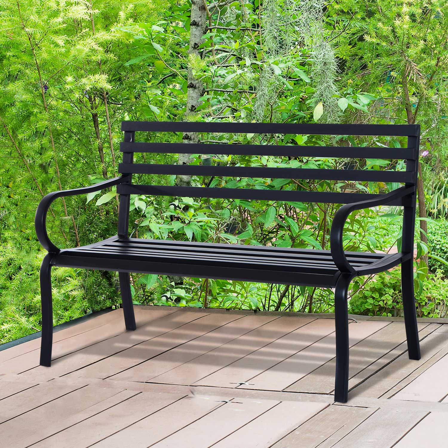 Outsunny Banco de Jardín de Metal Banco de Exterior de 2 Plazas con Reposabrazos Carga 240 kg para Patio Terraza 127x58x82 cm Negro