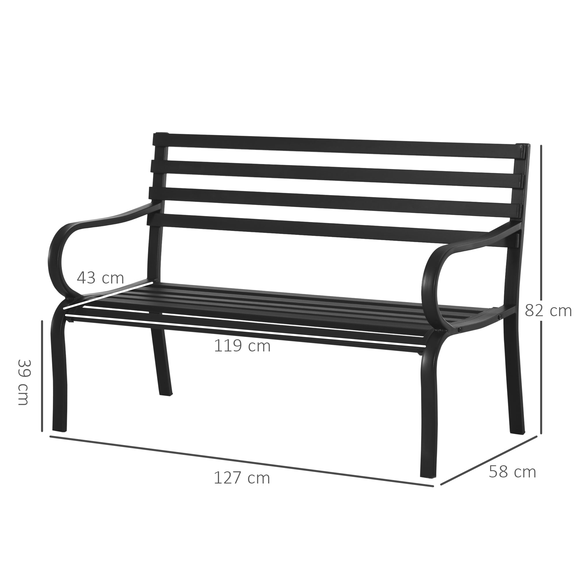 Outsunny Banco de Jardín de Metal Banco de Exterior de 2 Plazas con Reposabrazos Carga 240 kg para Patio Terraza 127x58x82 cm Negro