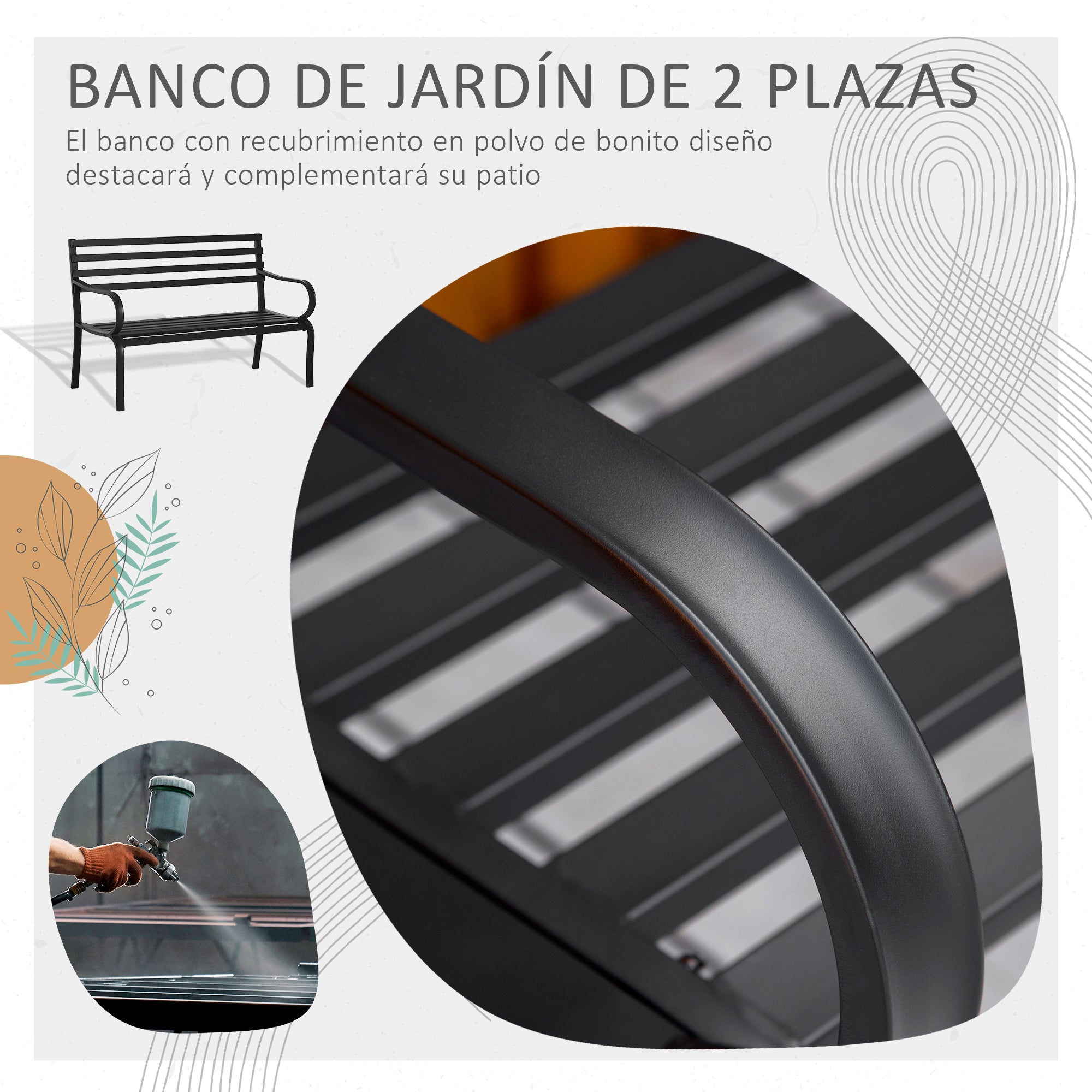 Outsunny Banco de Jardín de Metal Banco de Exterior de 2 Plazas con Reposabrazos Carga 240 kg para Patio Terraza 127x58x82 cm Negro