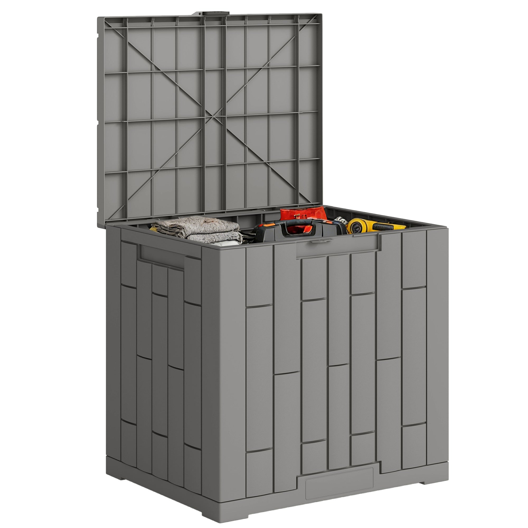 Outsunny Arcón Exterior Capacidad 114L, Baúl de Almacenaje Exterior de Resina Resistente al Agua y a los Rayos UV, con Cerradura para Jardín, Terraza, Patio, 56x44x54 cm, Gris