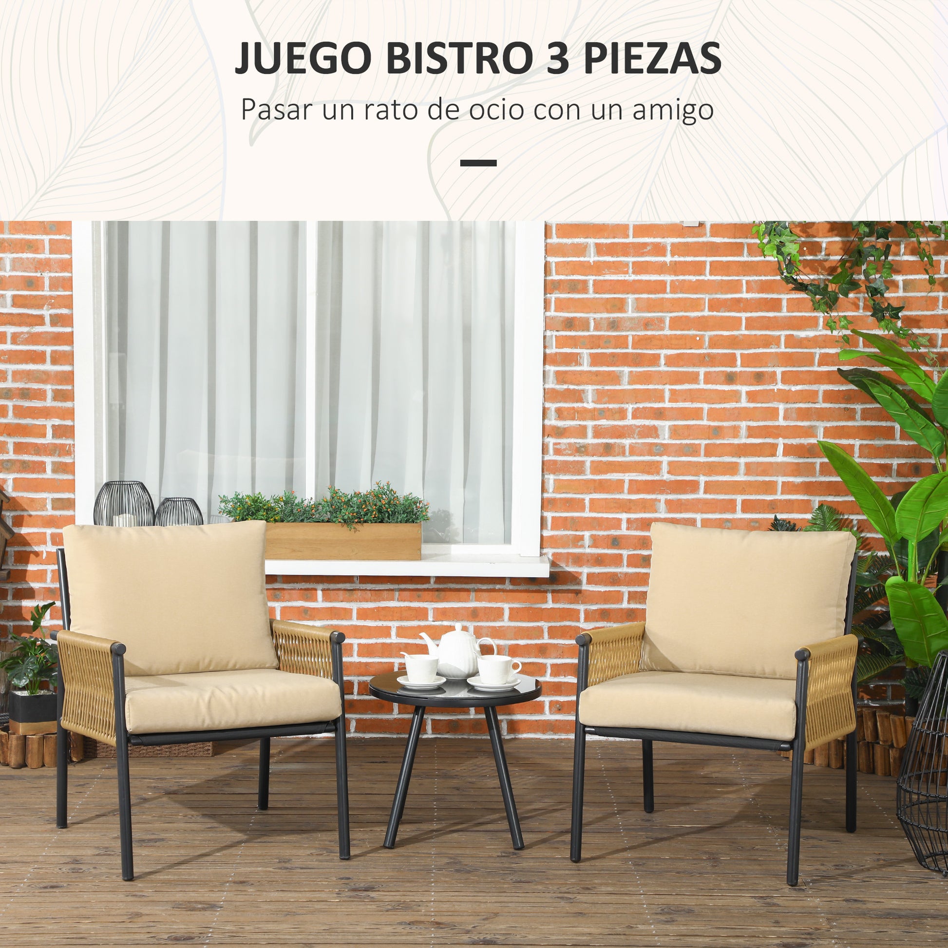 Outsunny Conjunto de Muebles de Jardín Juego de 3 Piezas Sillas y Mesa de Ratán con 2 Sillas y 1 Mesa de Centro de Vidrio Templado para Terraza Césped Balcón Negro y Beige