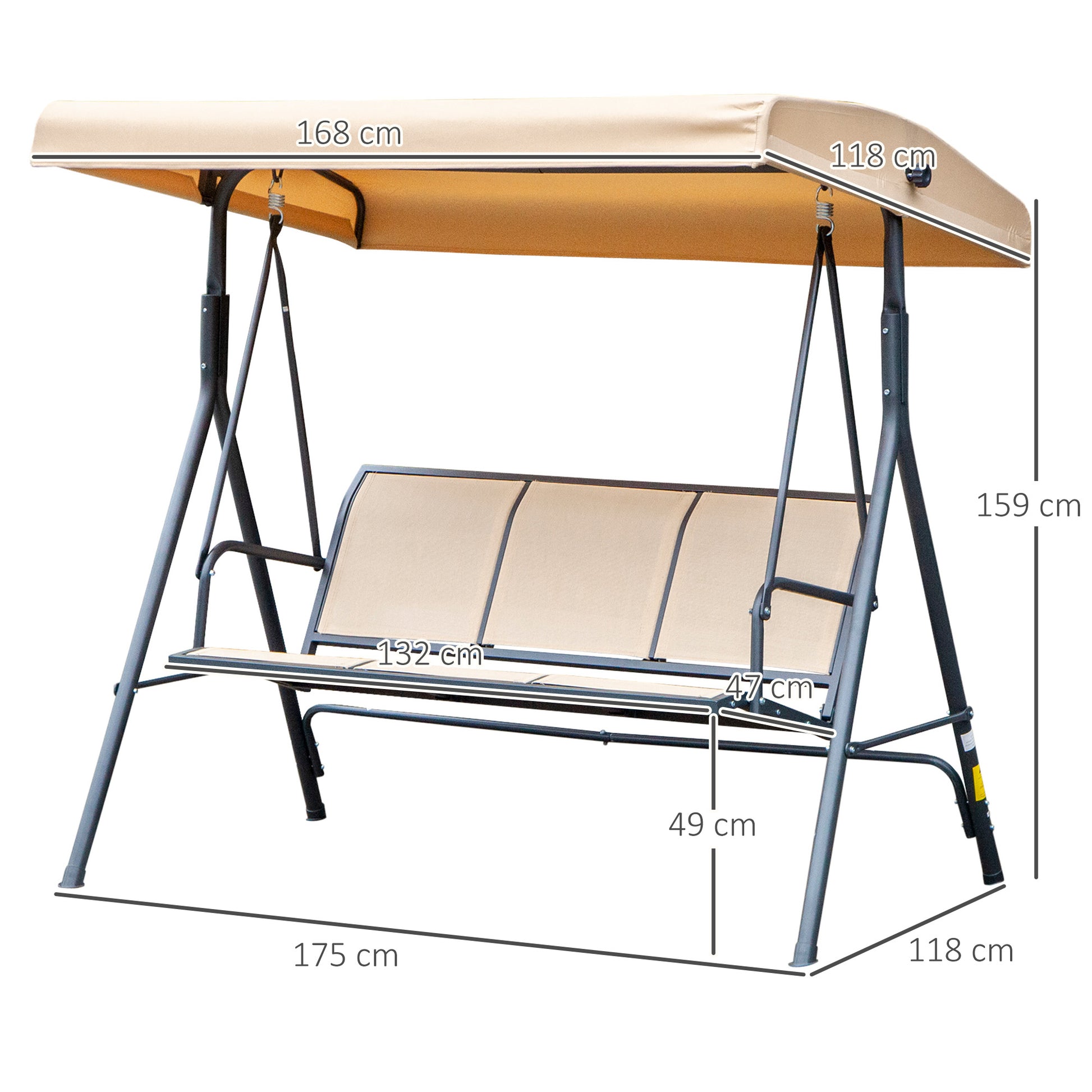 Outsunny Columpio de Jardín Exterior de 3 Plazas con Toldo Reclinable, Balancín de Jardín Exterior con Respaldo Transpirable y Marco de Acero, para Terraza Balcón, 175x118x159 cm, Beige