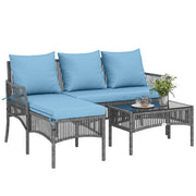 Outsunny Conjunto de Jardín de Ratán de 3 Piezas, Muebles Jardín Exterior Incluye 1 Sofá de 2 Plazas, 1 Sofá Esquinera, 1 Mesa de Centro con Tablero de Vidrio Templado, Cojines, Resistente, Azul Claro