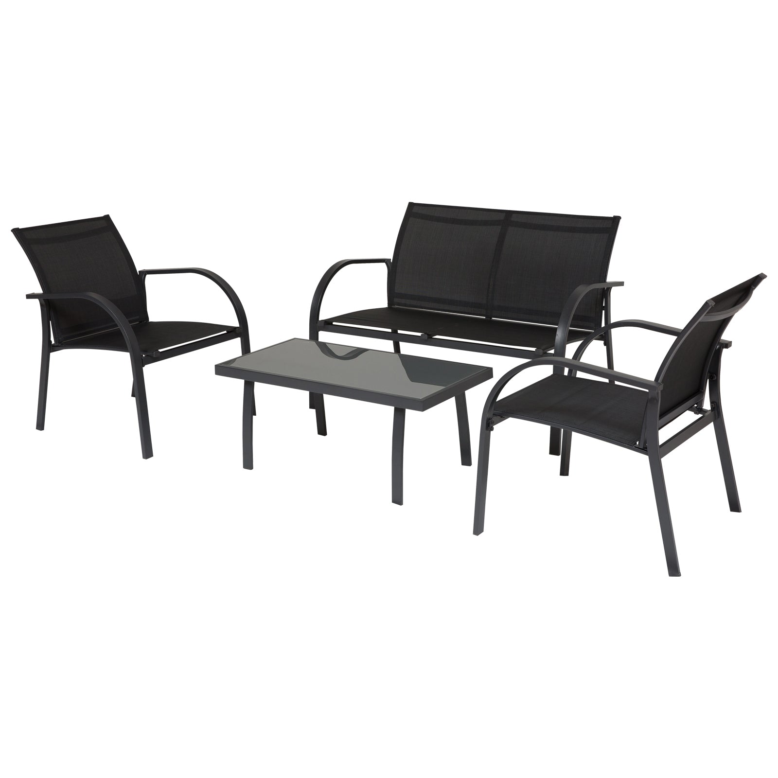 Conjunto Set Muebles de Jardín para Interiores y Exteriores 4 Piezas Incluye Una Mesa 84x44x36cm Dos Sillones 67x60x76 cm y Una Sofá 67x110x76 cm Estilo Elegante Negro