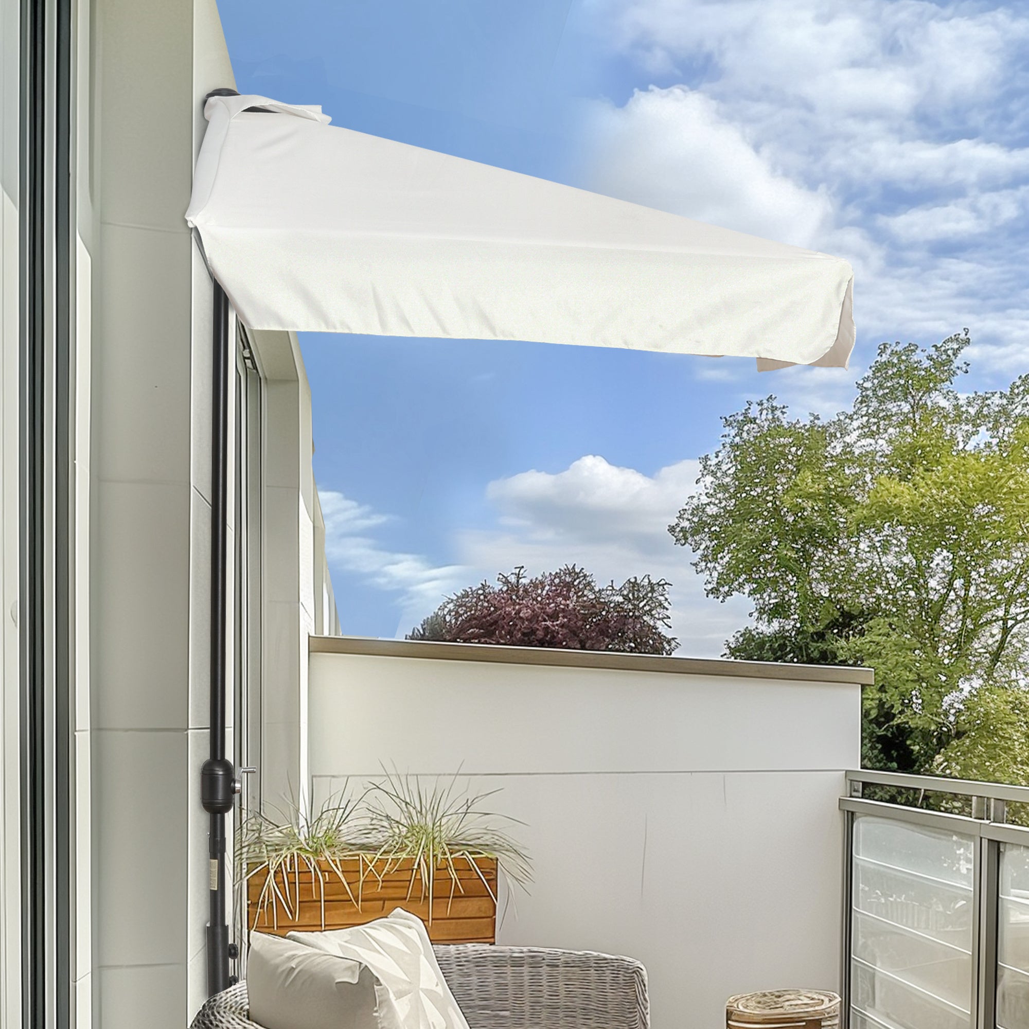 Outsunny Sombrilla Rectangular 230x130x249 cm Parasol para Pared Media Sombrilla con Manivela Protección UV Impermeable Sombrilla para Balcón Terraza Jardín Crema