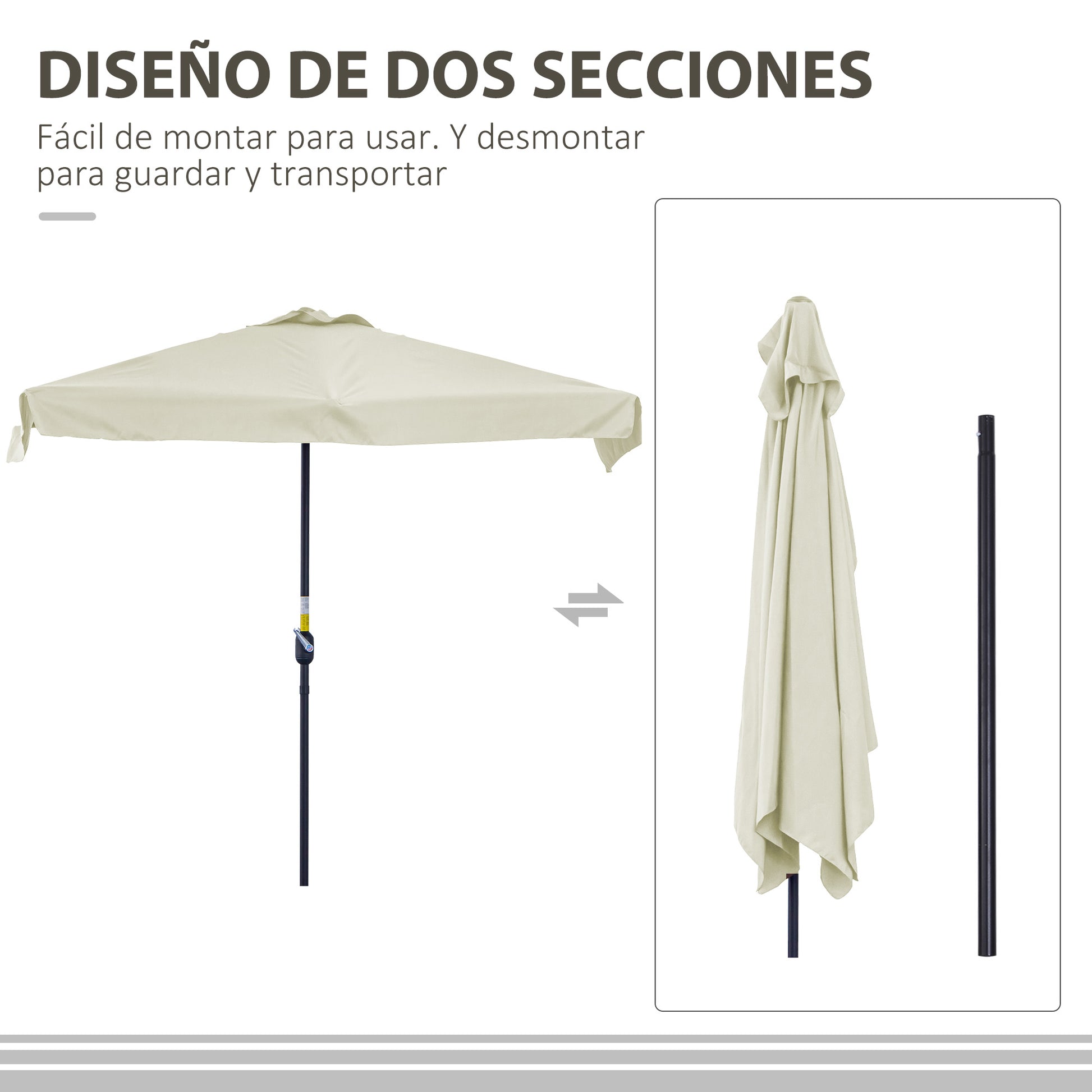Outsunny Sombrilla Rectangular 230x130x249 cm Parasol para Pared Media Sombrilla con Manivela Protección UV Impermeable Sombrilla para Balcón Terraza Jardín Crema