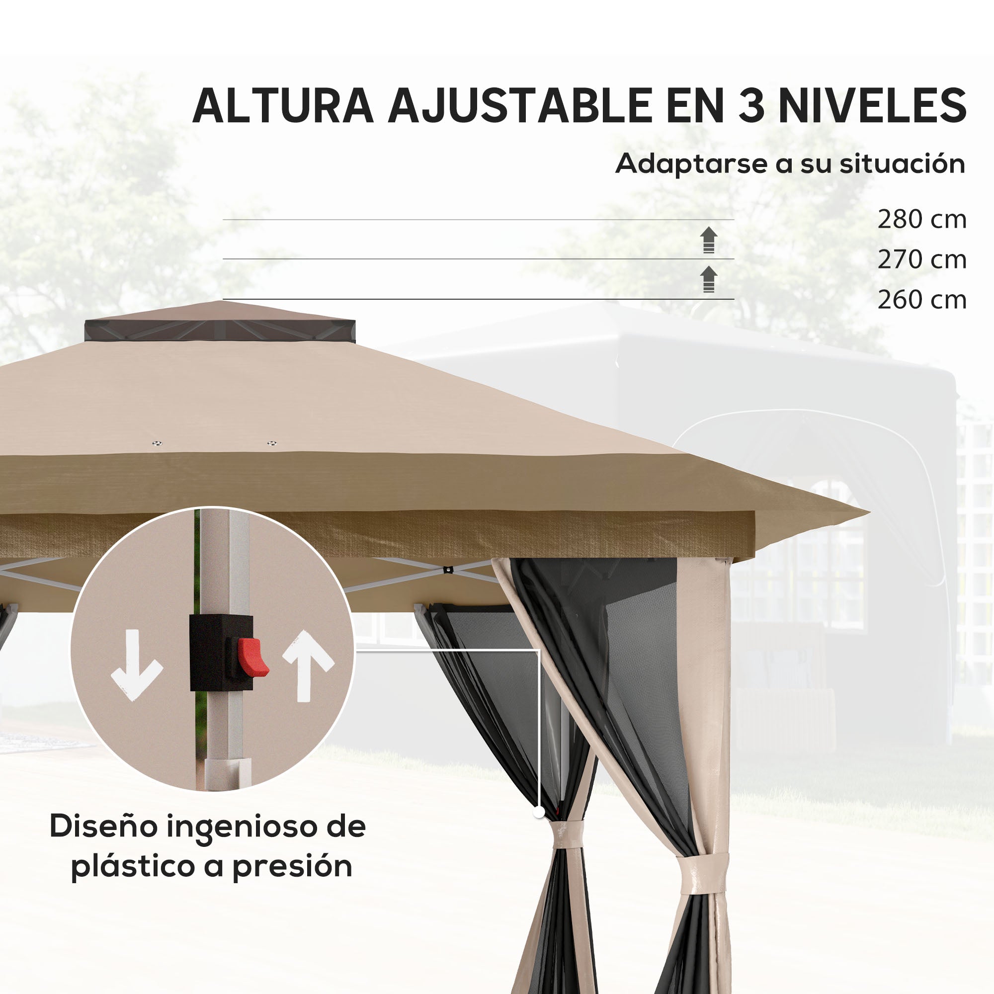 Outsunny Carpa Plegable Gazebo, 3,6x3,6 m, Cenador Plegable con 4 Paredes Laterales de Malla, Anti-UV, Altura Ajustable, Bolsa de Arena y Bolsa de Transporte, para Camping, Fiestas, Beige