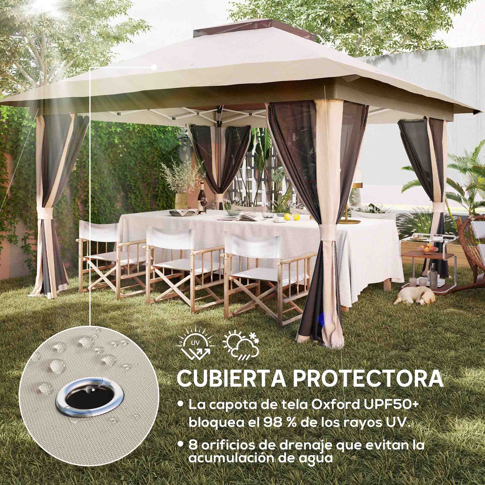 Outsunny Carpa Plegable Gazebo, 3,6x3,6 m, Cenador Plegable con 4 Paredes Laterales de Malla, Anti-UV, Altura Ajustable, Bolsa de Arena y Bolsa de Transporte, para Camping, Fiestas, Beige