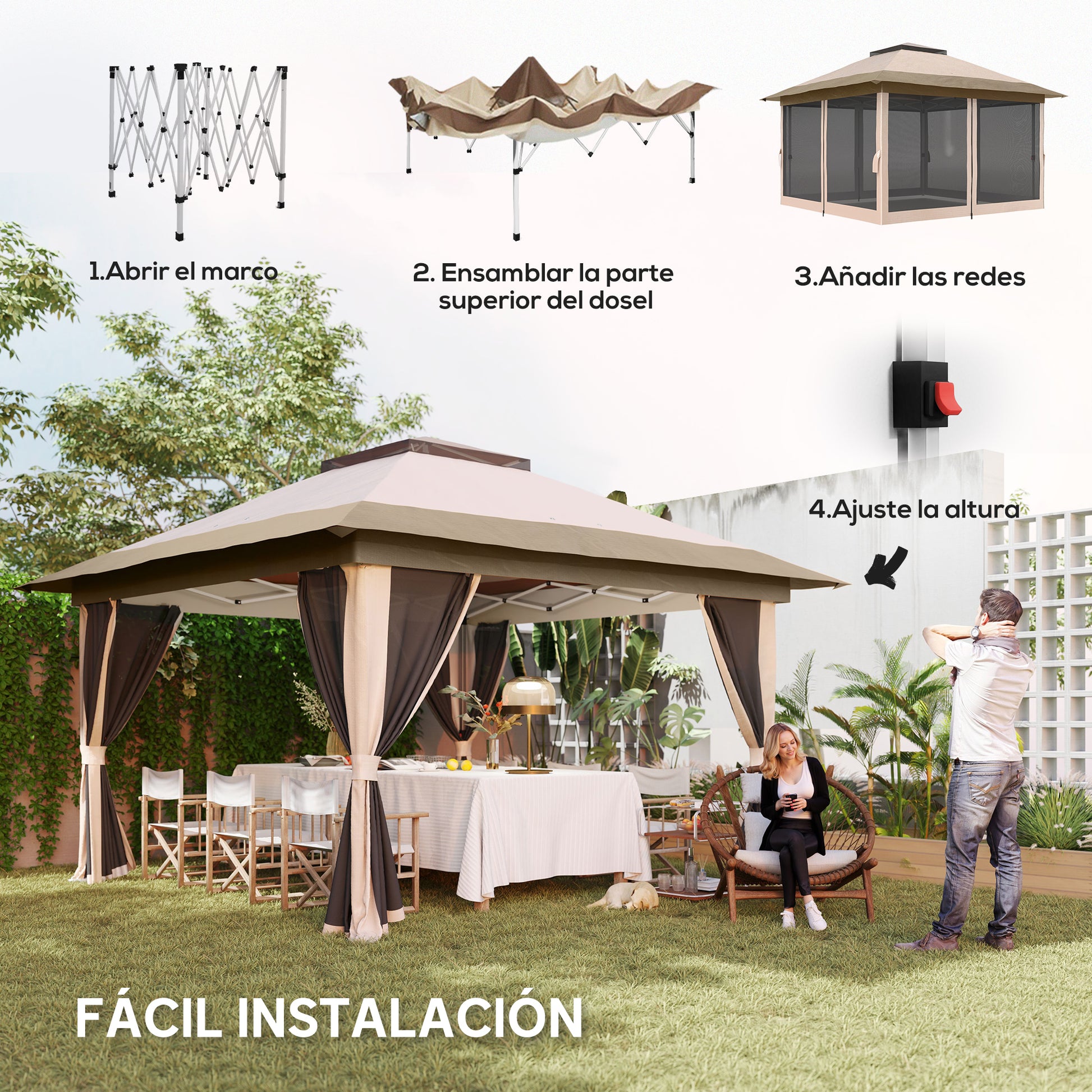 Outsunny Carpa Plegable Gazebo, 3,6x3,6 m, Cenador Plegable con 4 Paredes Laterales de Malla, Anti-UV, Altura Ajustable, Bolsa de Arena y Bolsa de Transporte, para Camping, Fiestas, Beige