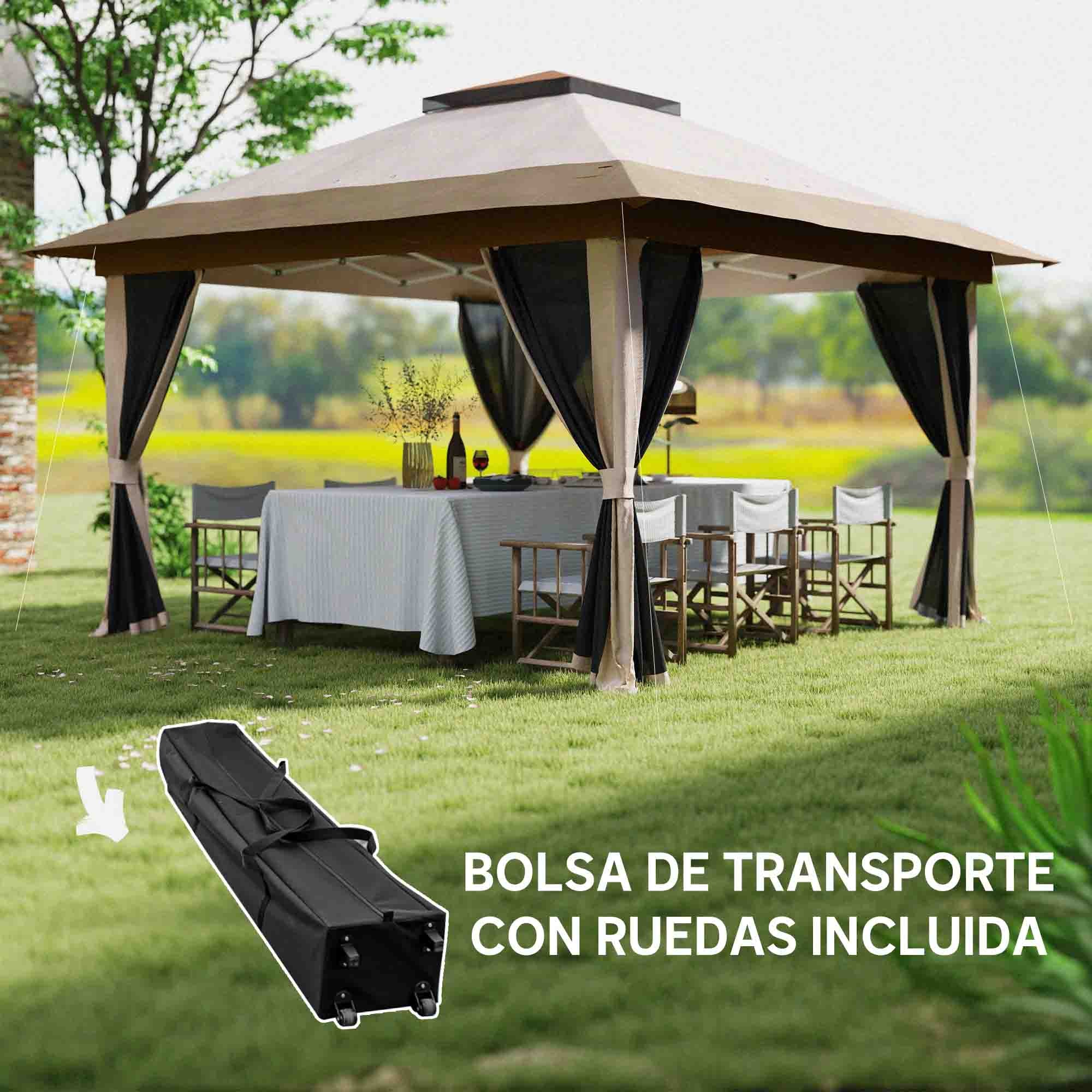 Outsunny Carpa Plegable Gazebo, 3,6x3,6 m, Cenador Plegable con 4 Paredes Laterales de Malla, Anti-UV, Altura Ajustable, Bolsa de Arena y Bolsa de Transporte, para Camping, Fiestas, Beige