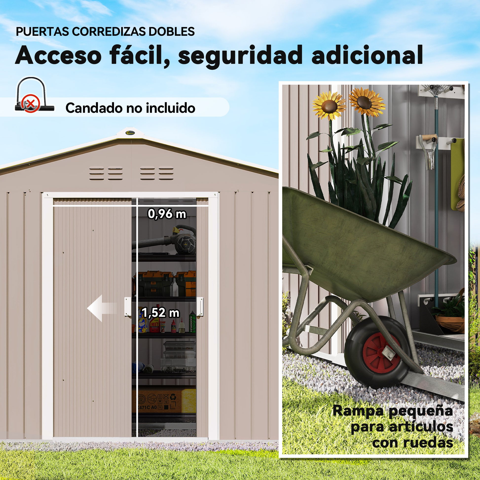 Outsunny Caseta de Jardín Exterior 4,9 m², 277x195x192 cm, Cobertizo de Jardín Exterior Metálico con Claraboya de Fibra de Vidrio, Puerta Corredera, Ventilación y Kit de Fundación, Gris Claro