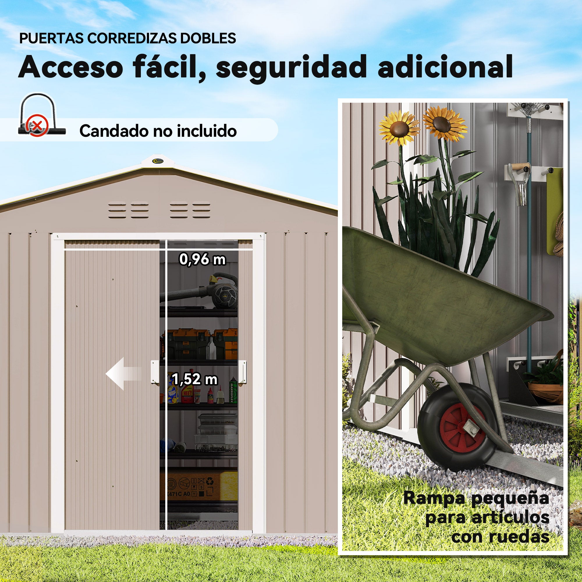 Outsunny Caseta de Jardín Exterior 4,9 m², 277x195x192 cm, Cobertizo de Jardín Exterior Metálico con Claraboya de Fibra de Vidrio, Puerta Corredera, Ventilación y Kit de Fundación, Gris Claro