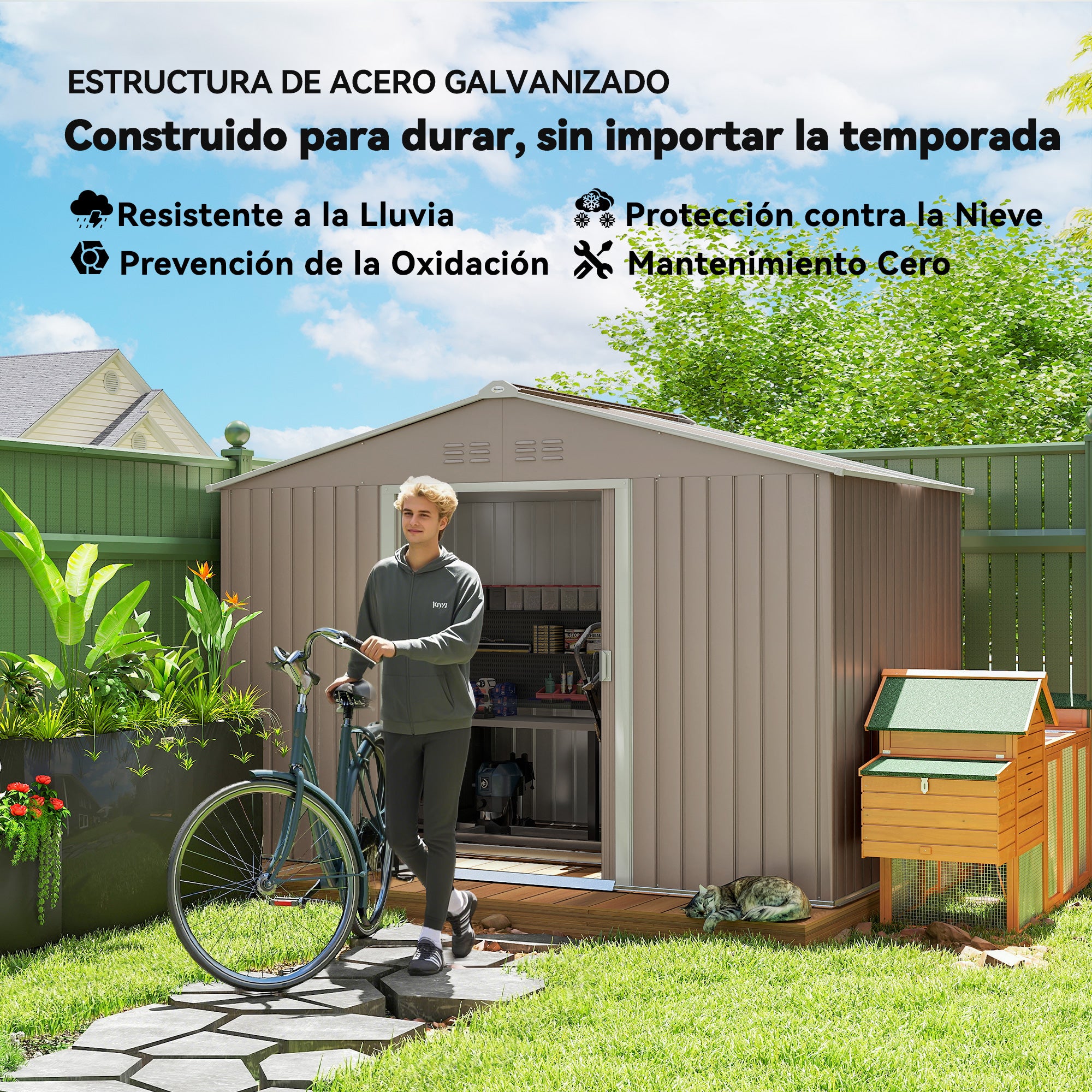 Outsunny Caseta de Jardín Exterior 4,9 m², 277x195x192 cm, Cobertizo de Jardín Exterior Metálico con Claraboya de Fibra de Vidrio, Puerta Corredera, Ventilación y Kit de Fundación, Gris Claro