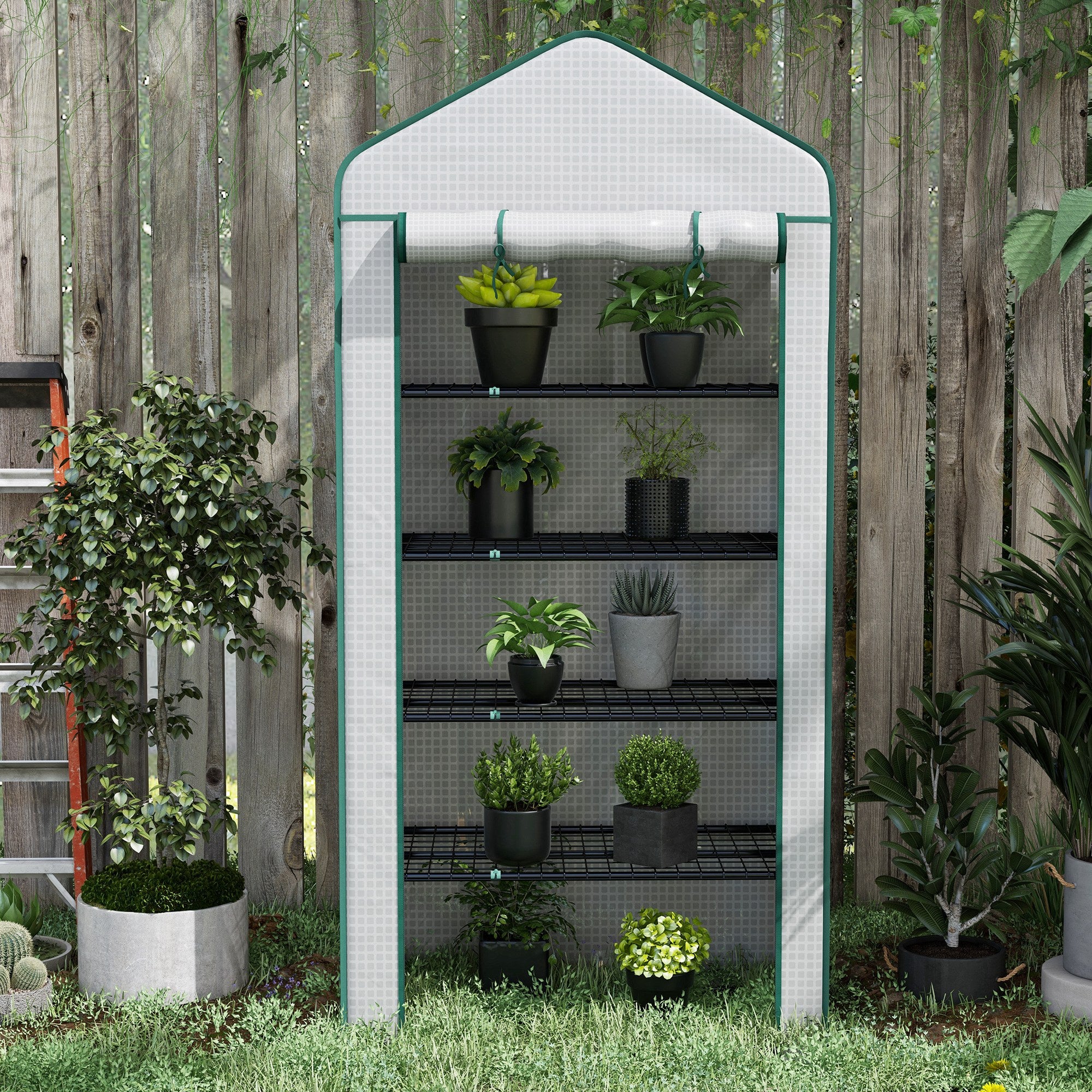 Outsunny Invernadero de Jardín de 5 Niveles Invernadero Pequeño Exterior con Puerta Enrollable con Cremallera Anti-UV Diseño Ensanchado y Estantes para Cultivo de Plantas Flores 90x49x193 cm Blanco