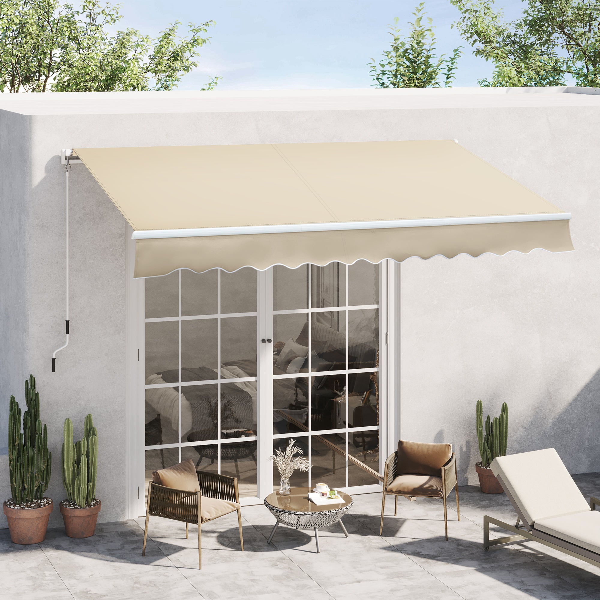Outsunny Toldo Manual Retráctil 350x250 cm Toldo para Balcón con Manivela de Metal Impermeable y Anti-UV Toldo Enrollable de Exterior para Jardín Terraza Ventanas Crema
