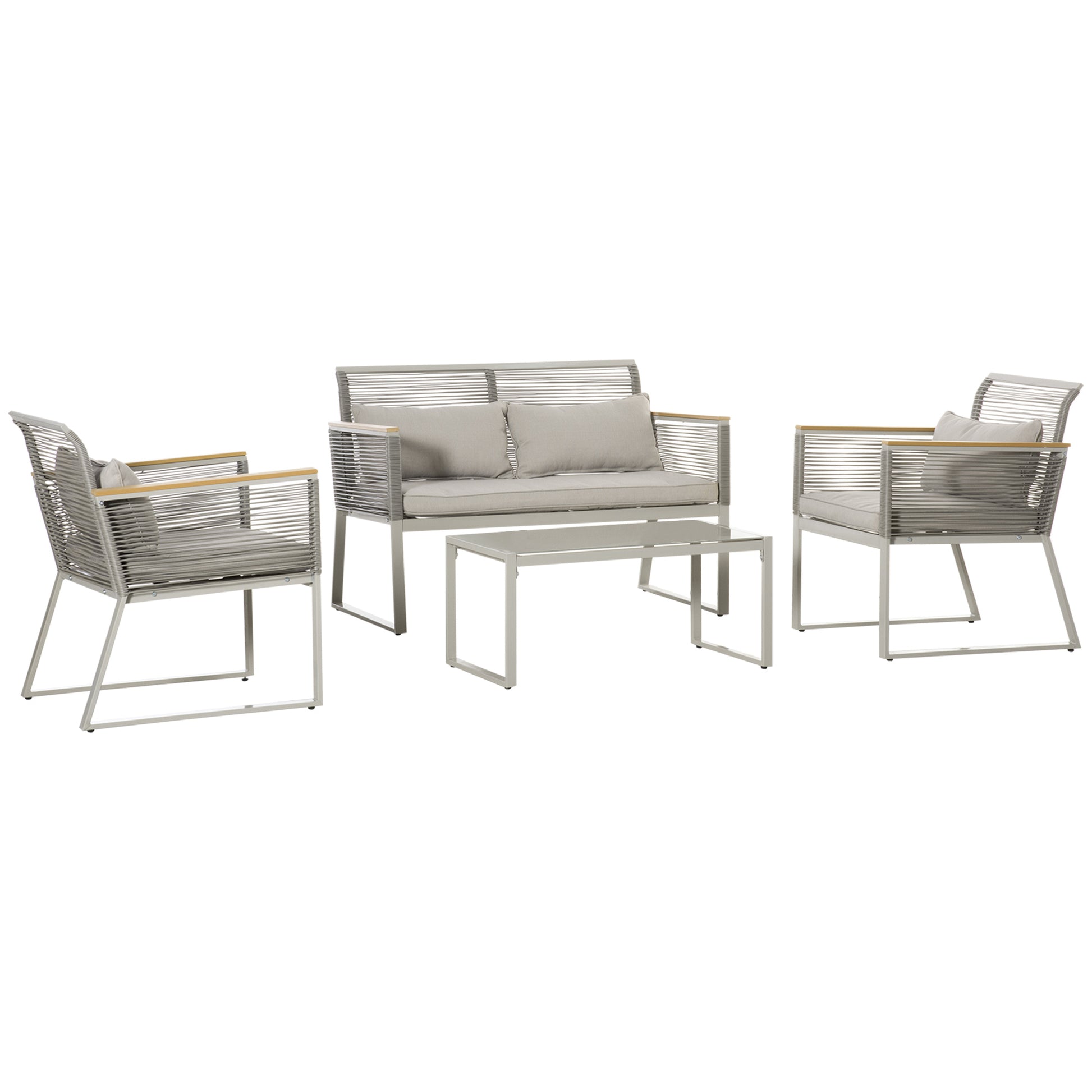 Outsunny Conjunto de Muebles de Jardín de Ratán 4 Piezas Sofá Doble 2 Sillones Individuales y Mesa de Café de Vidrio con Cojines Desenfundables para Exterior Terraza Gris