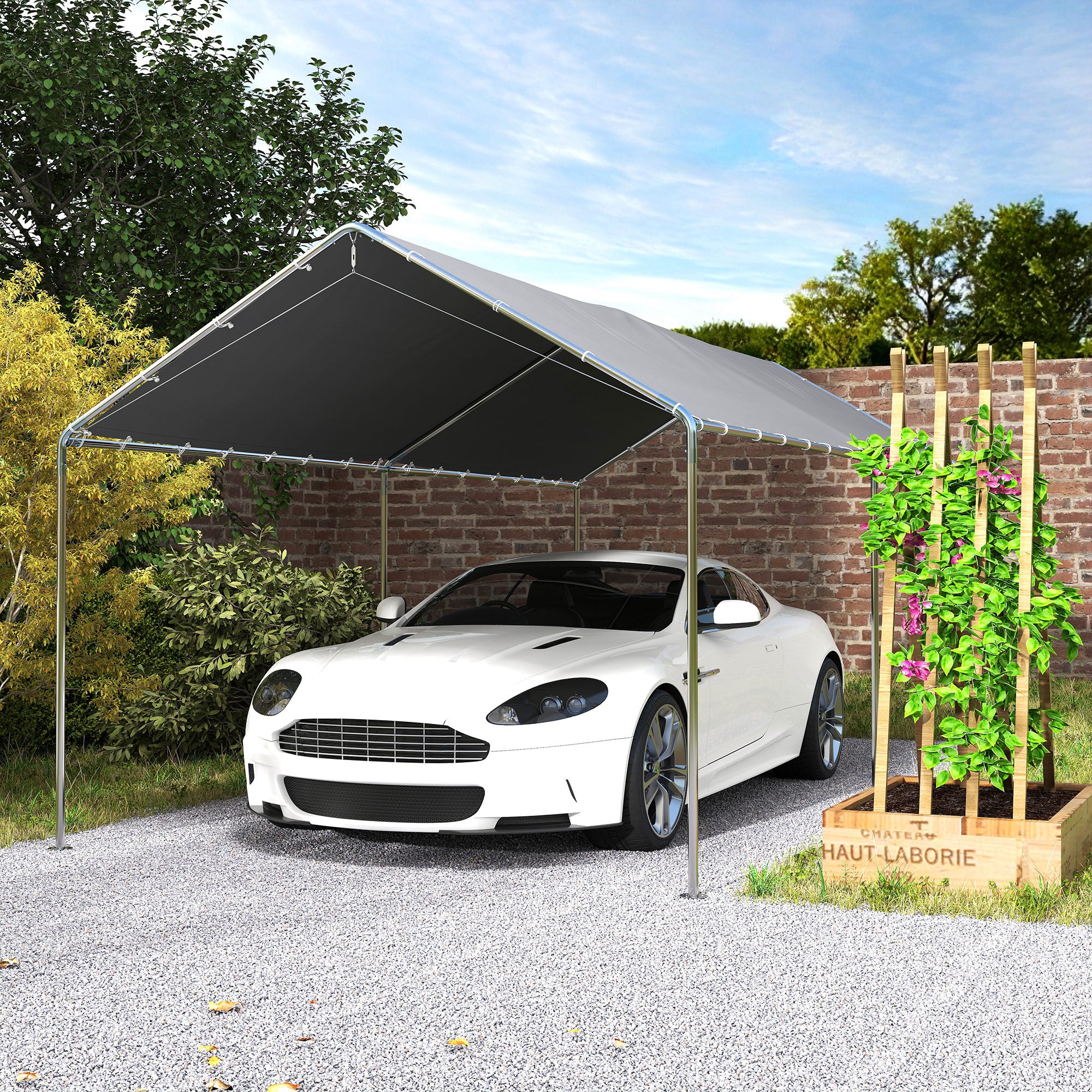 Outsunny Carpa Garaje para Coche 3x6 m, Cochera Exterior Portátil con Marco de Acero Galvanizado, Impermeable, Anti-UV, Pabellón Gazebo de Jardín con Accesorios, para Eventos, Fiestas, Gris