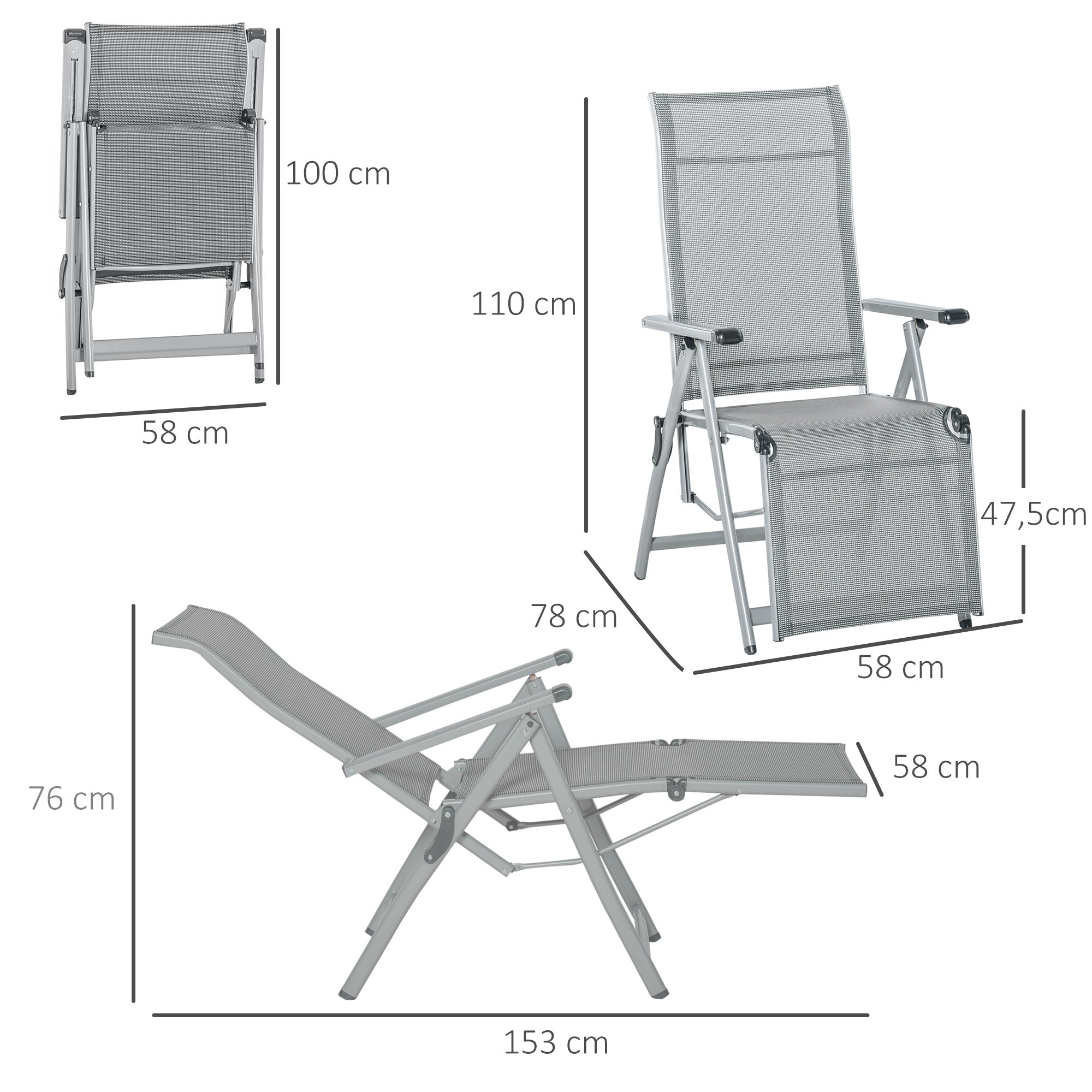 Outsunny Tumbona Plegable de Jardín Sillón Silla de Playa Ajustable en 10 Posiciones con Respaldo Alto y Reposapiés Transpirable Carga Máx. 120 kg 78x58x110 cm Gris