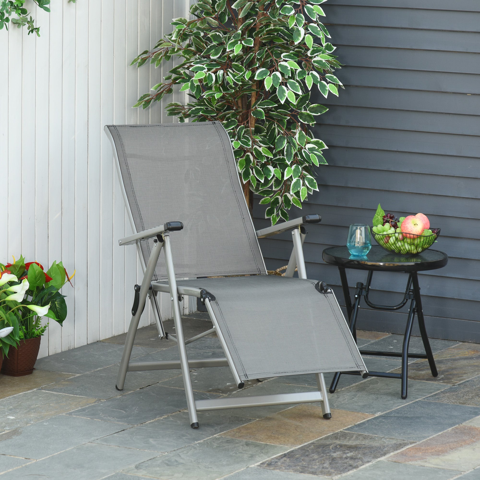Outsunny Tumbona Plegable de Jardín Sillón Silla de Playa Ajustable en 10 Posiciones con Respaldo Alto y Reposapiés Transpirable Carga Máx. 120 kg 78x58x110 cm Gris