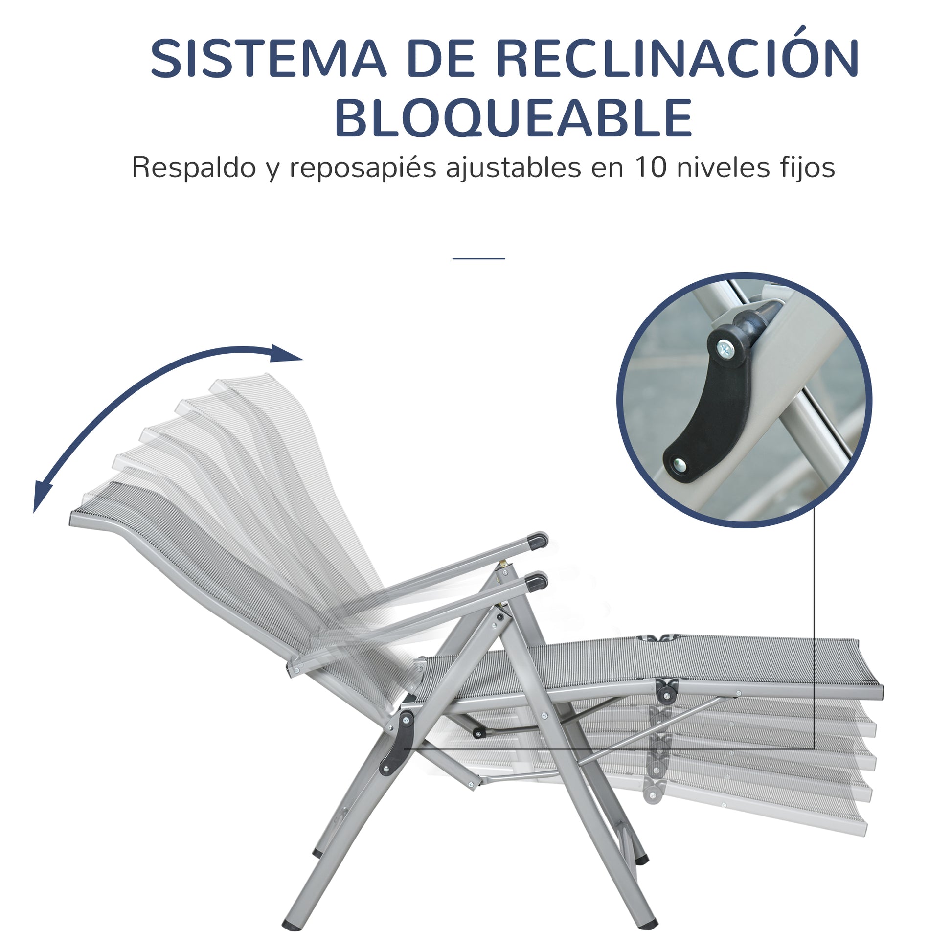Outsunny Tumbona Plegable de Jardín Sillón Silla de Playa Ajustable en 10 Posiciones con Respaldo Alto y Reposapiés Transpirable Carga Máx. 120 kg 78x58x110 cm Gris