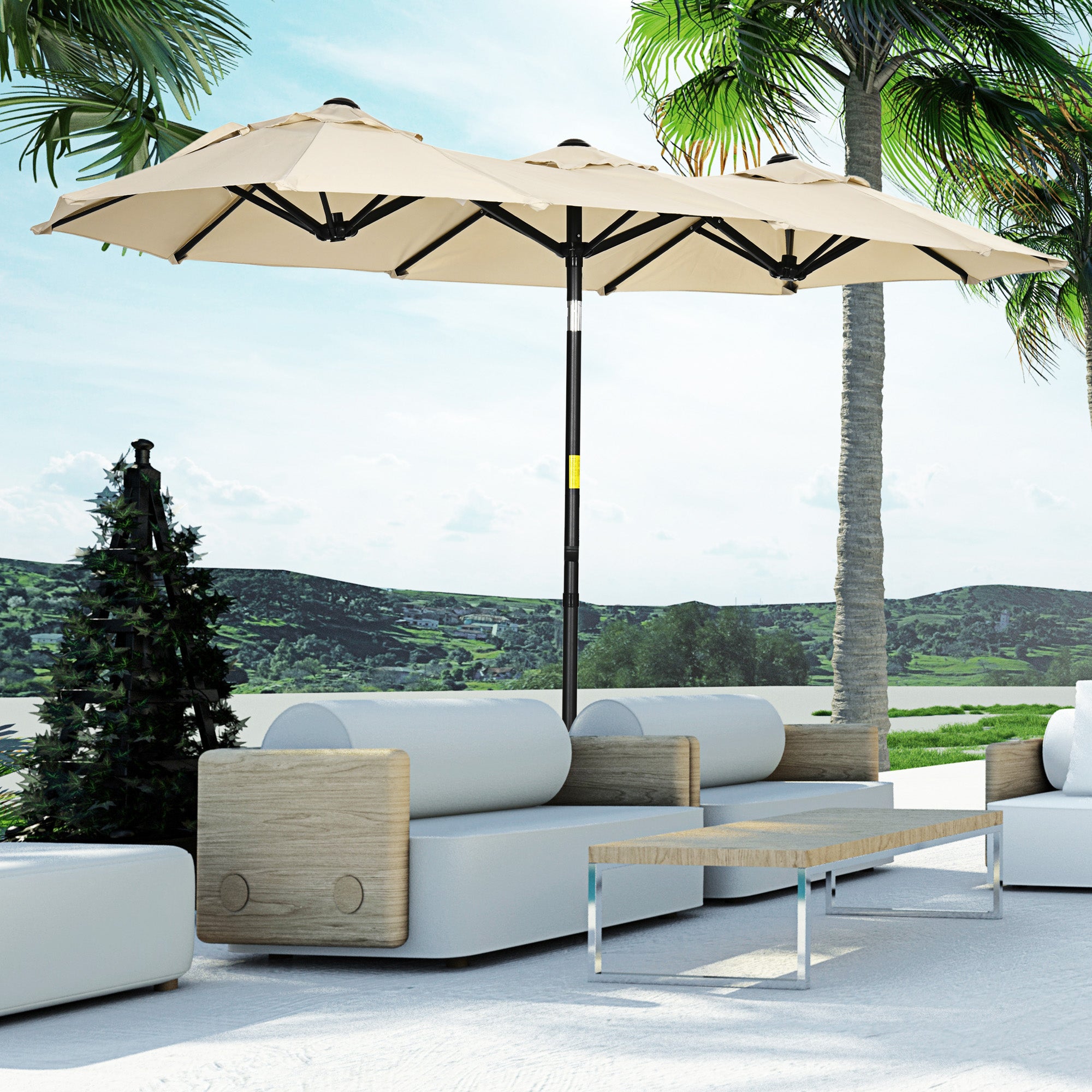 Outsunny Sombrilla Doble 2,95x1,52 m Sombrilla Terraza Exterior con Inclinación de 45° Manivela Manual y 3 Orificios de Ventilación Sombrilla Grande para Terraza Playa Piscina Caqui