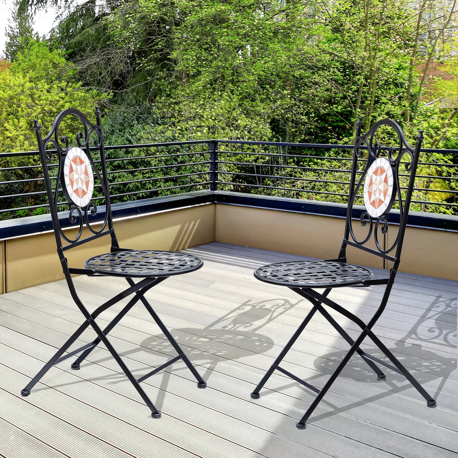 Outsunny Set de 2 Sillas Plegables de Jardín Bistro Silla Asiento Mosaico para Terraza Balcón Metal Carga 120 kg 50x40x94,5 cm Negro
