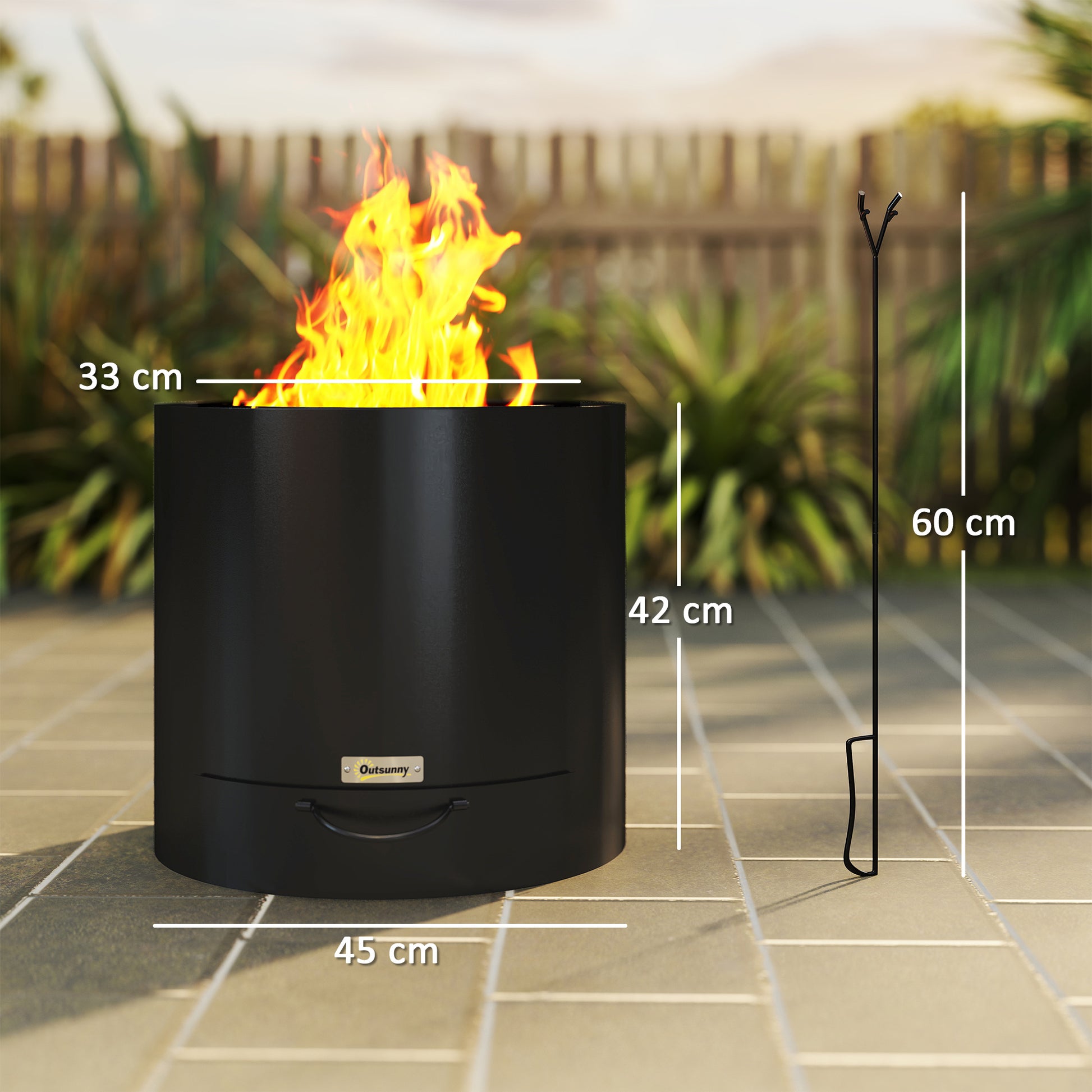 Outsunny Brasero Exterior Redondo Ø45x42 cm de Acero Brasero Exterior Jardín con Bandeja para Cenizas y Atizador Protector de Chispas para Terraza Camping Fiesta Negro